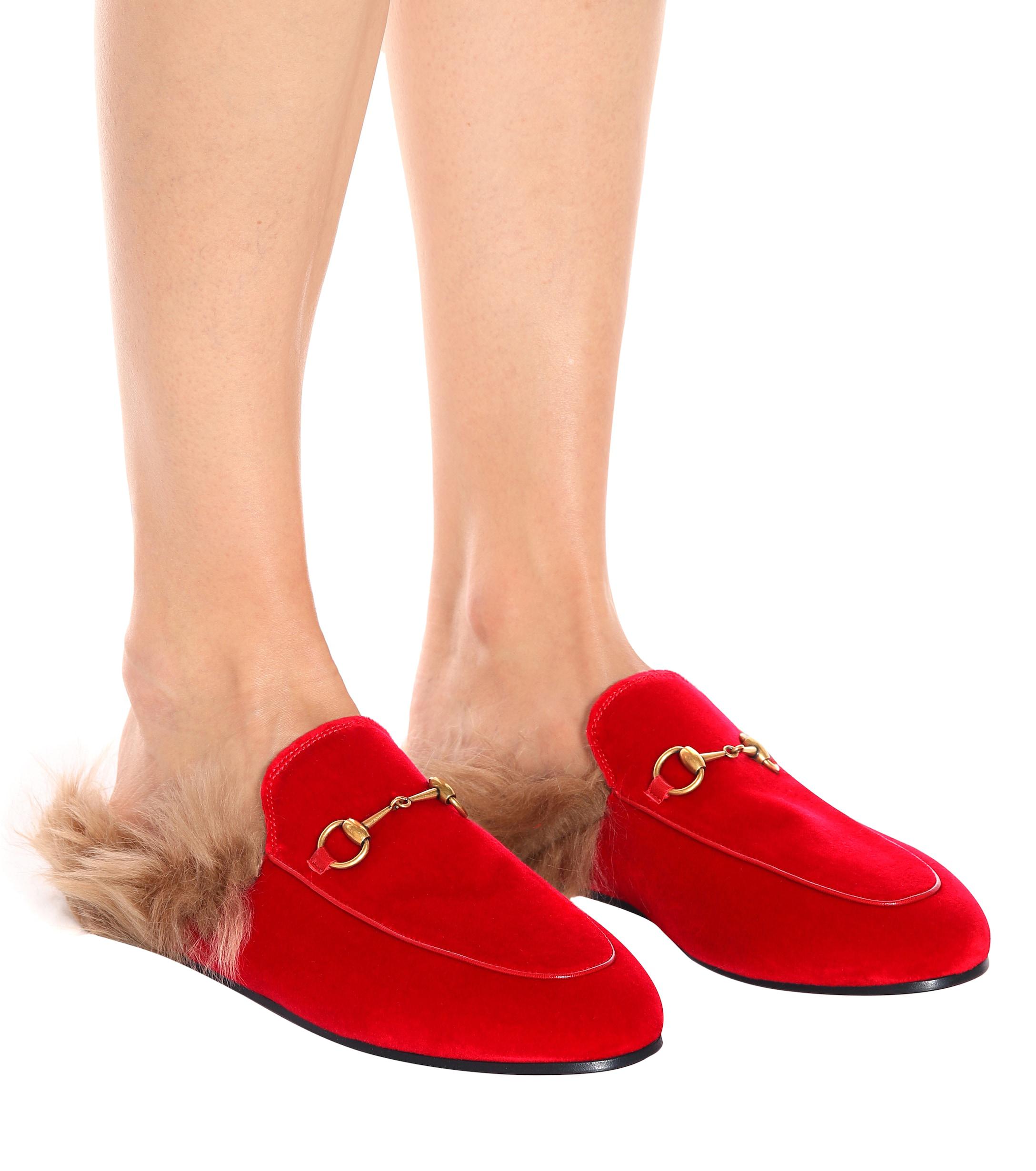 Gucci Princetown Fur-lined Velvet Slippers in Red | Lyst