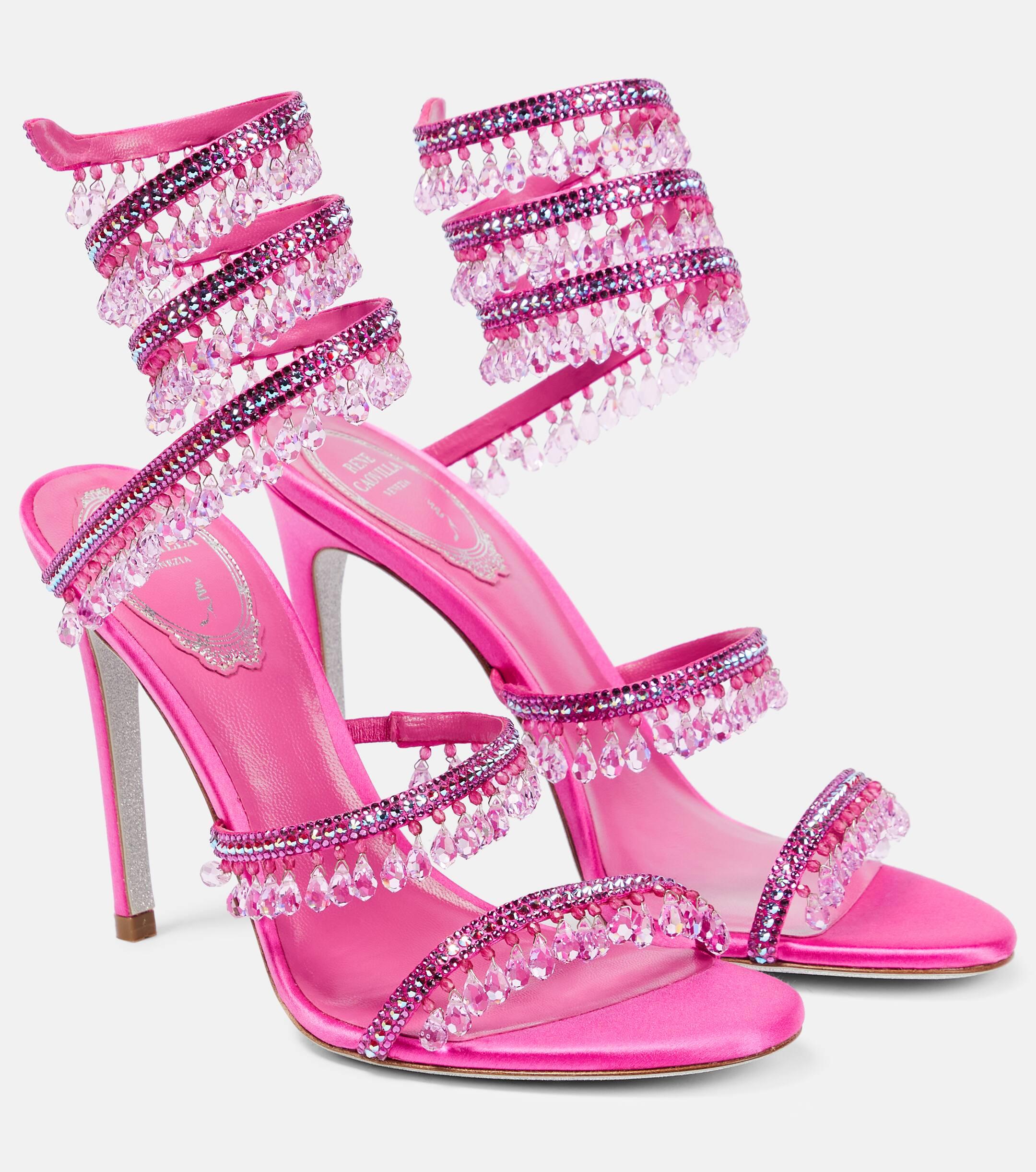 Rene Caovilla Chandelier Embellished Satin Sandals in Pink | Lyst UK