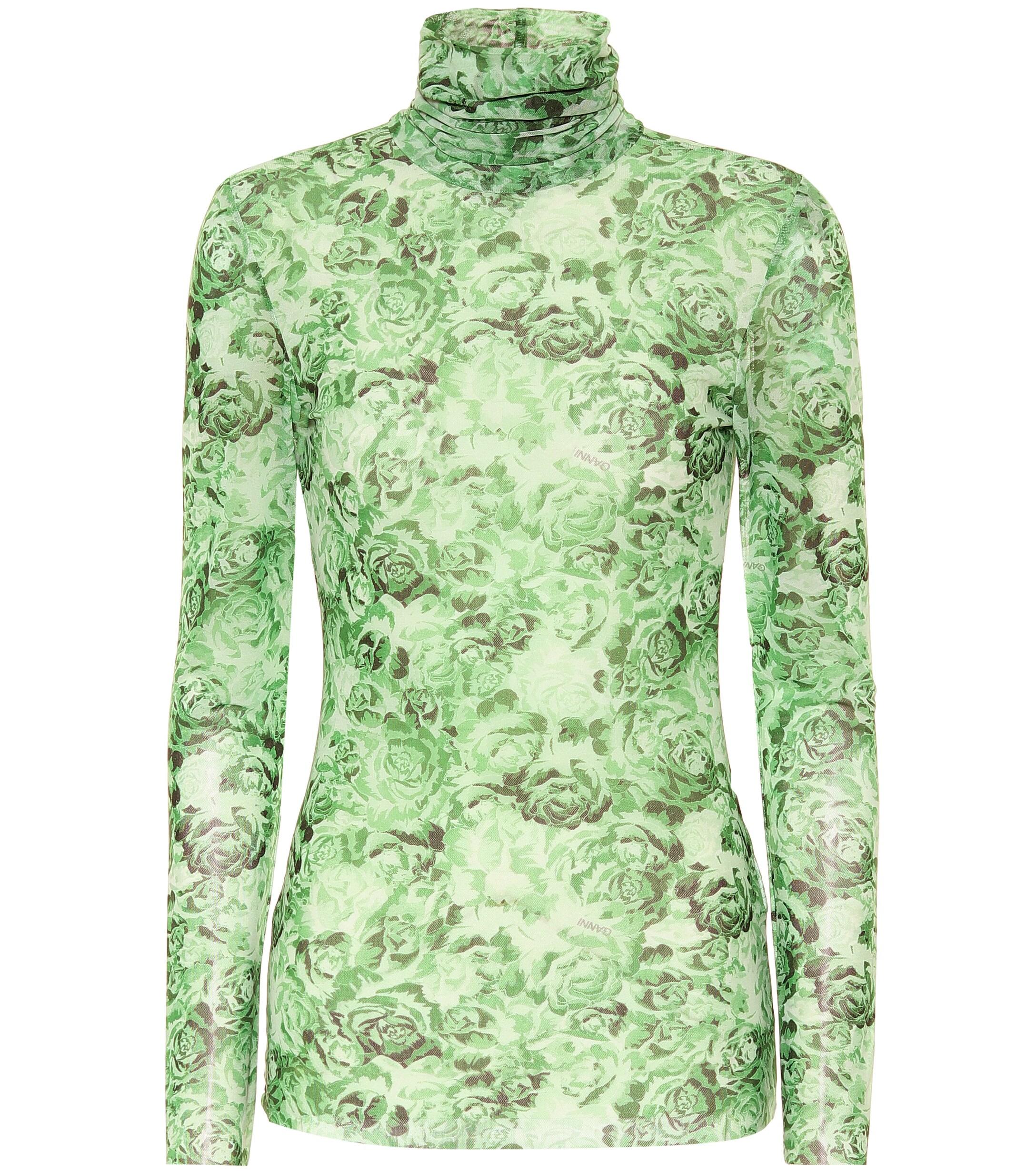 Ganni Floral Mesh Top in Green | Lyst