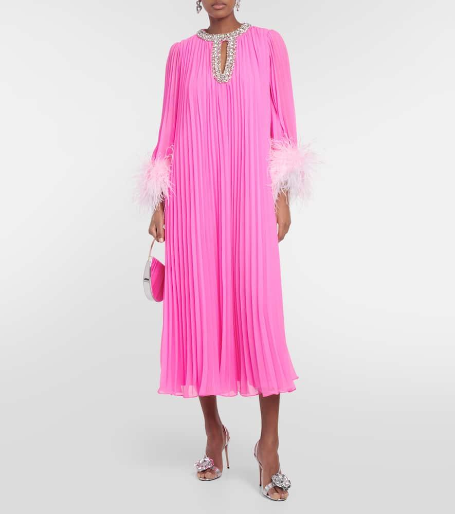 white christmas dresses Pink Boucle Chiffon Midi Dress – self-portrait-US