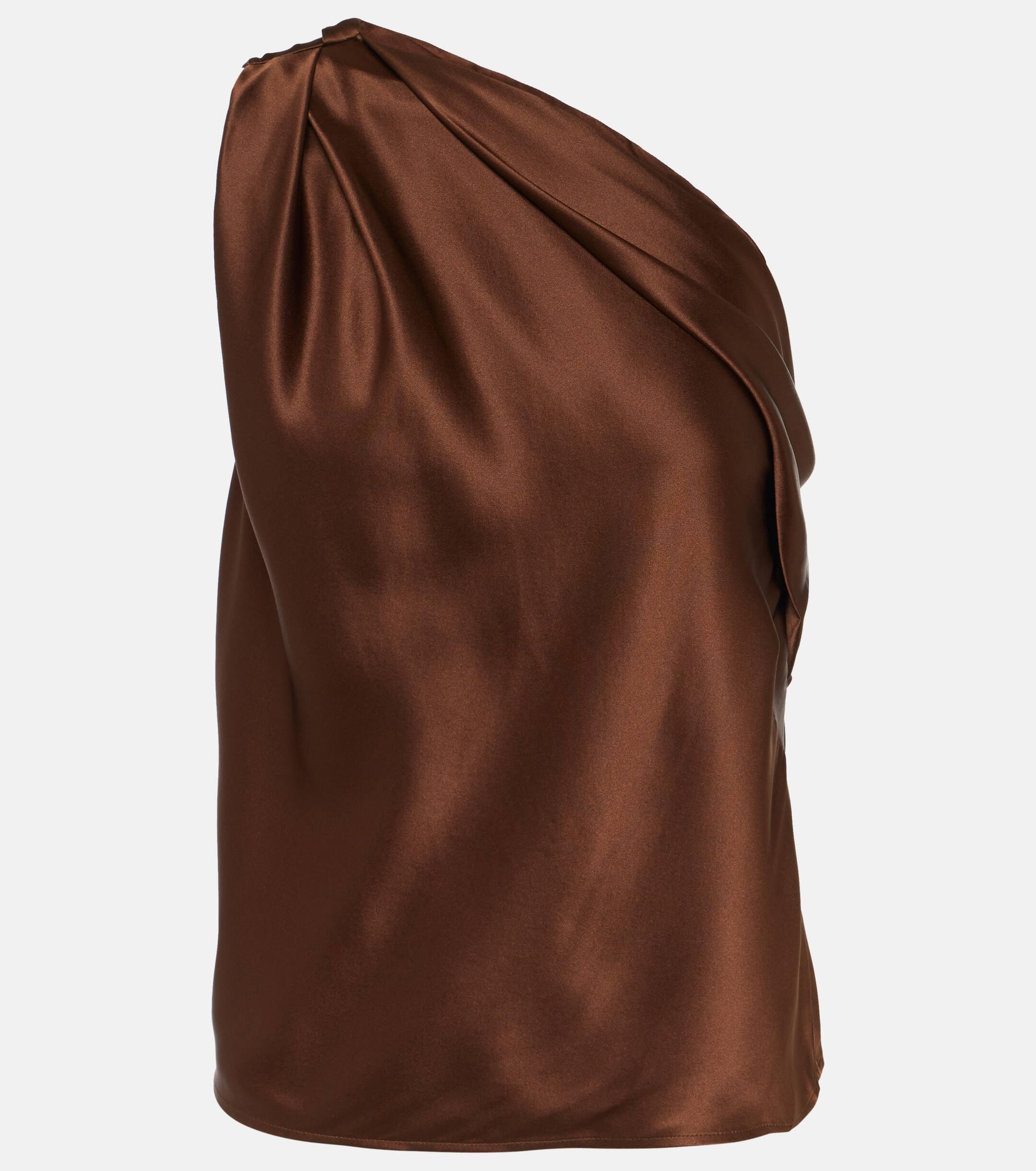 The Sei Draped One-shoulder Silk Satin Top in Brown
