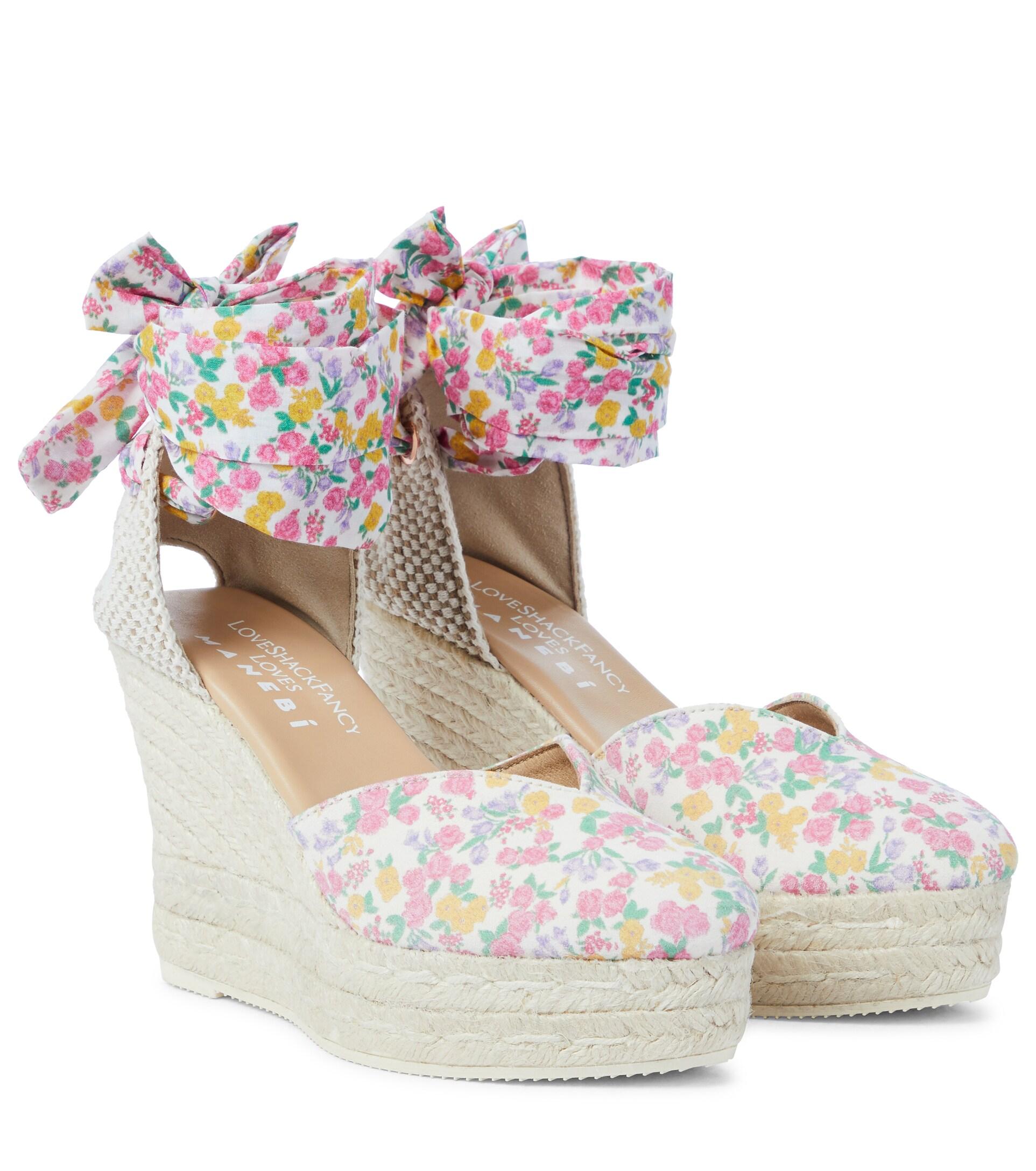 LoveShackFancy X Manebi Floral Leather-trimmed Wedge Espadrilles