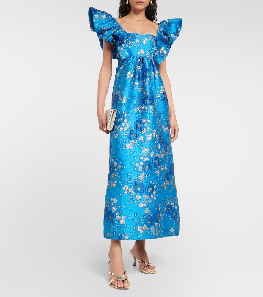 ganni 3d jacquard ruffle midi dress Ganni 3D Jacquard Floral-Print Midi Dress in Blue