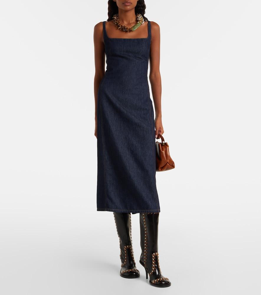 dries van noten denim dress Dries Van Noten Debano Printed Denim Sleeveless Midi Dress