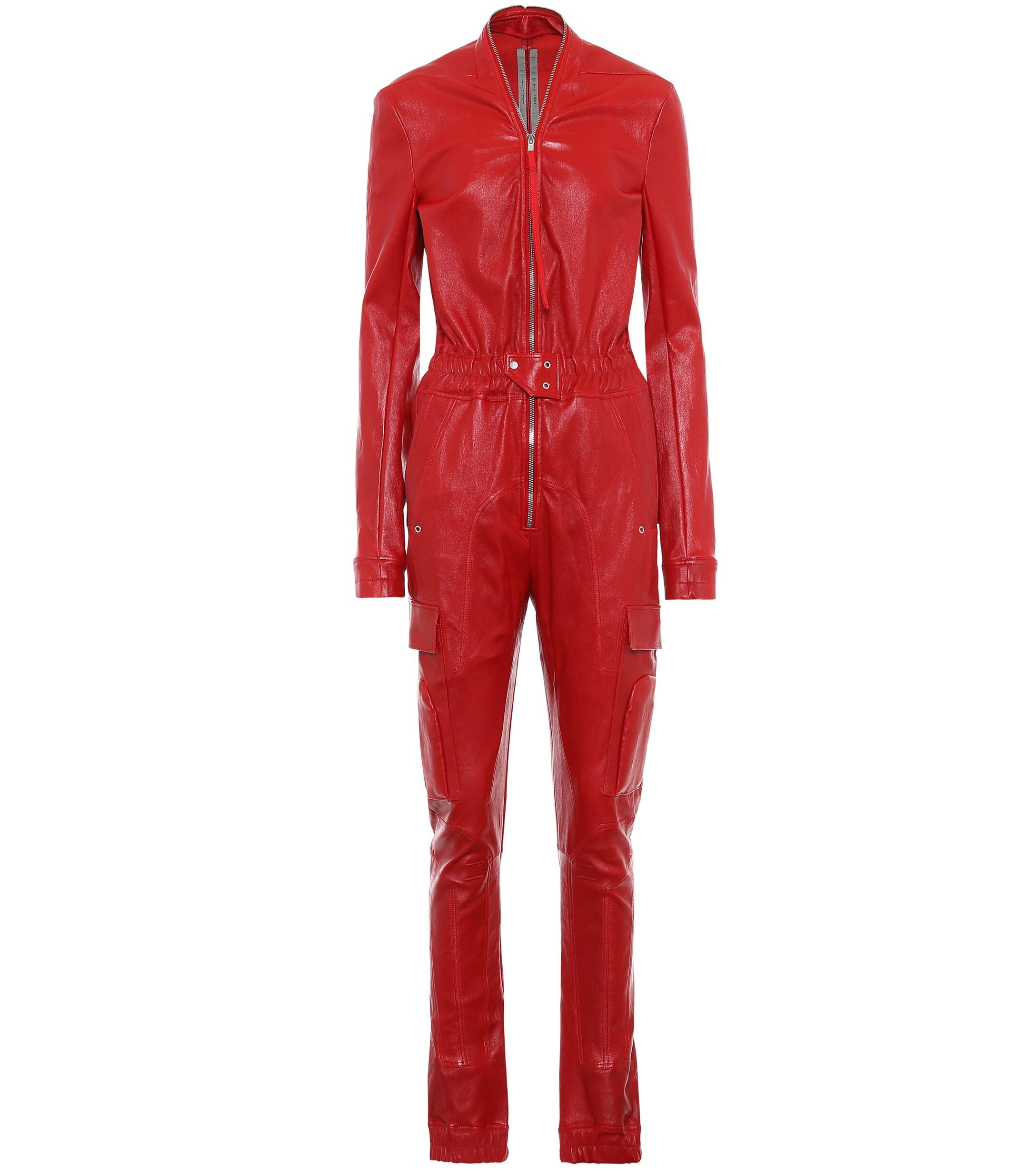 Rick Owens Leather Elasticated Waist Jumpsuit in Red - Lyst