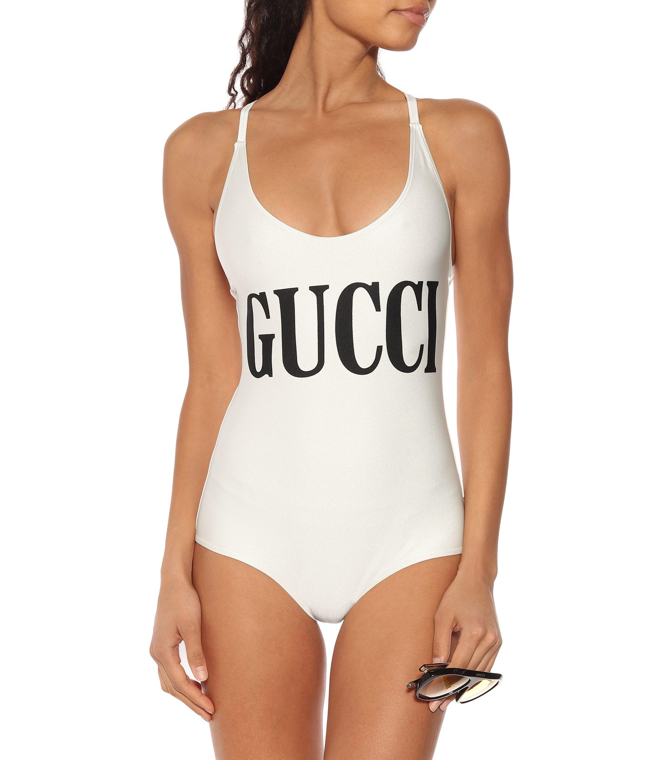 Gucci Logo Print Lycra One Piece Swimsuit in Ivory,Black (White) Lyst
