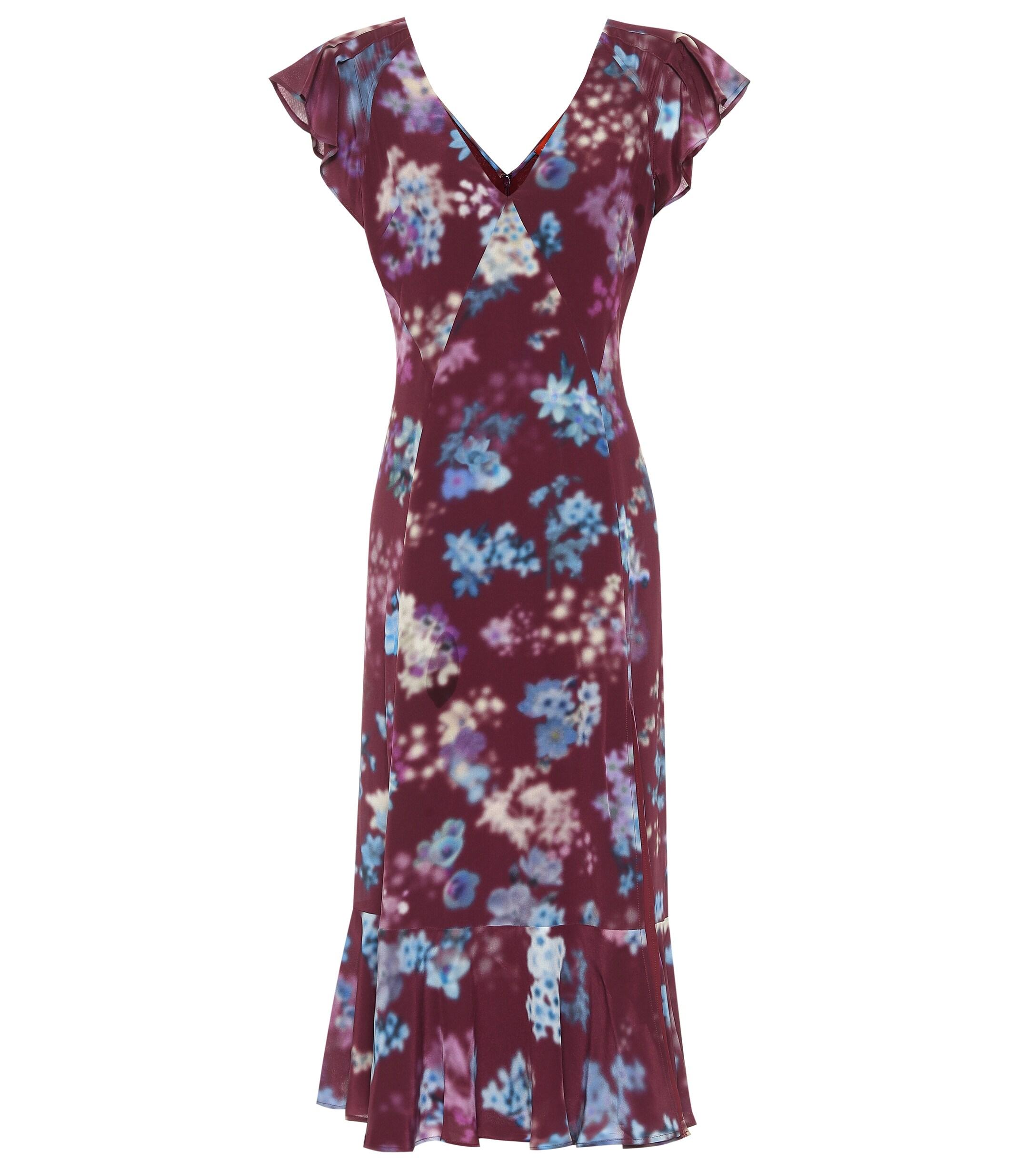 SALONI Olivia Ruffled Silk-Chiffon Midi Purple / Floral Printed Dress - We Select Dresses