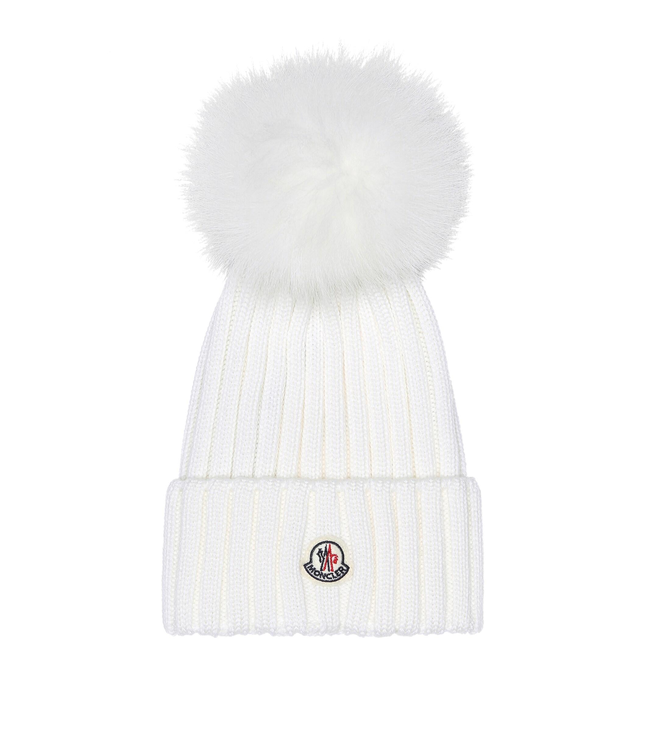 Moncler Fur-trimmed Wool Beanie in White - Lyst