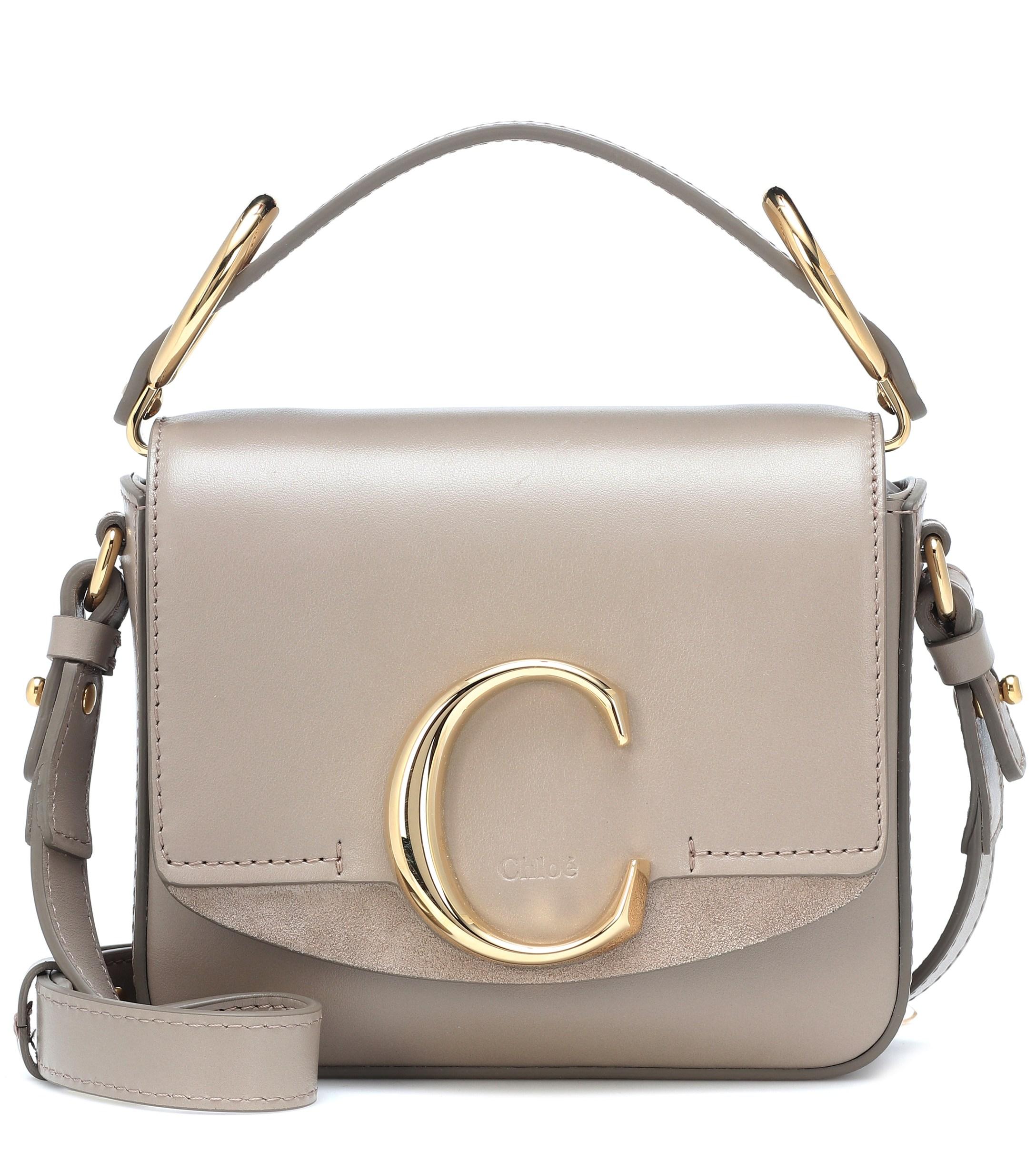 NEW! $1,190 ~ CHLOE C CLUTCH MINI LEATHER CROSSBODY BAG ON A CHAIN, MOTTY  GREY