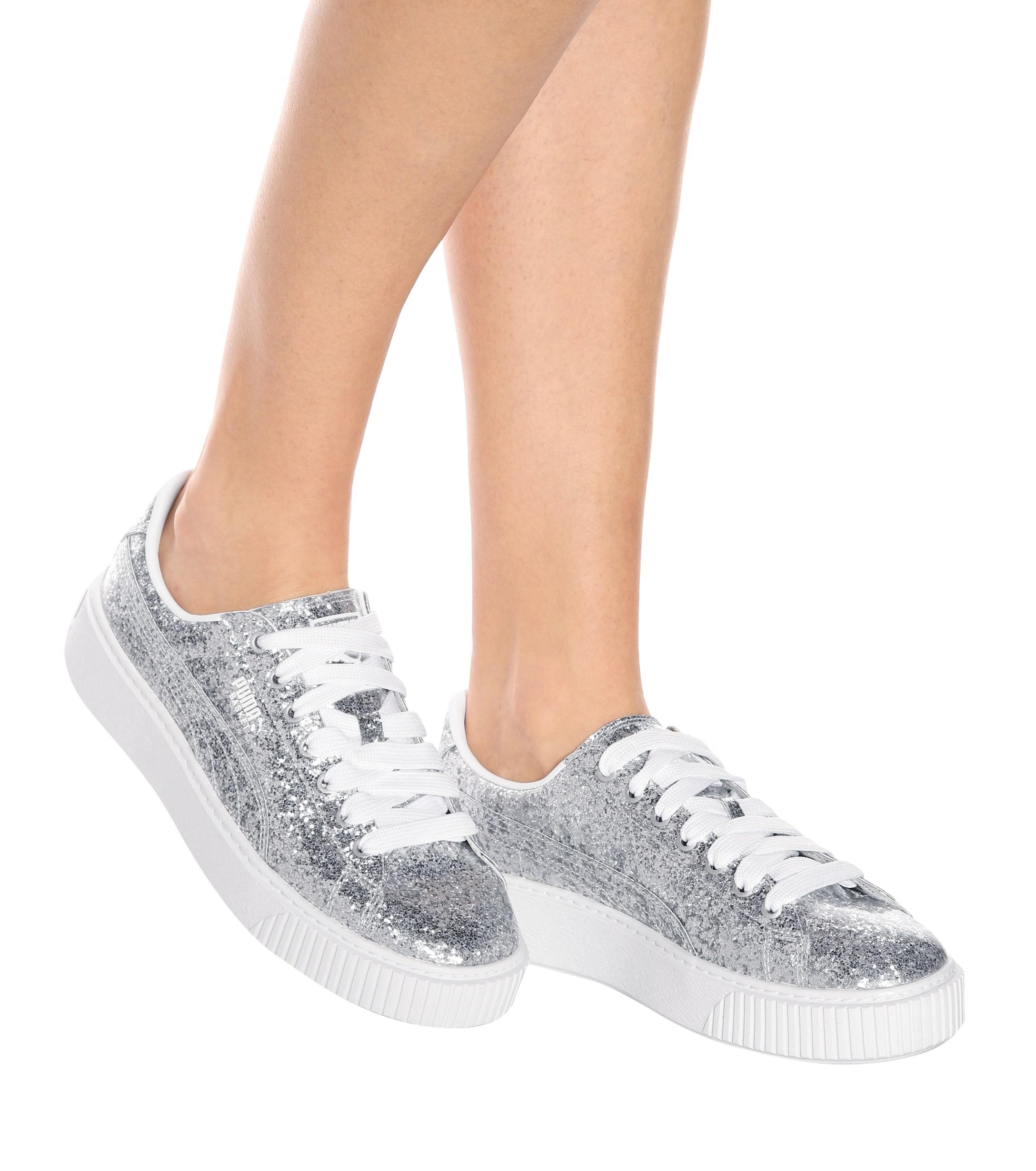 PUMA Rubber Basket Platform Glitter Sneakers in Silver (Metallic) - Lyst