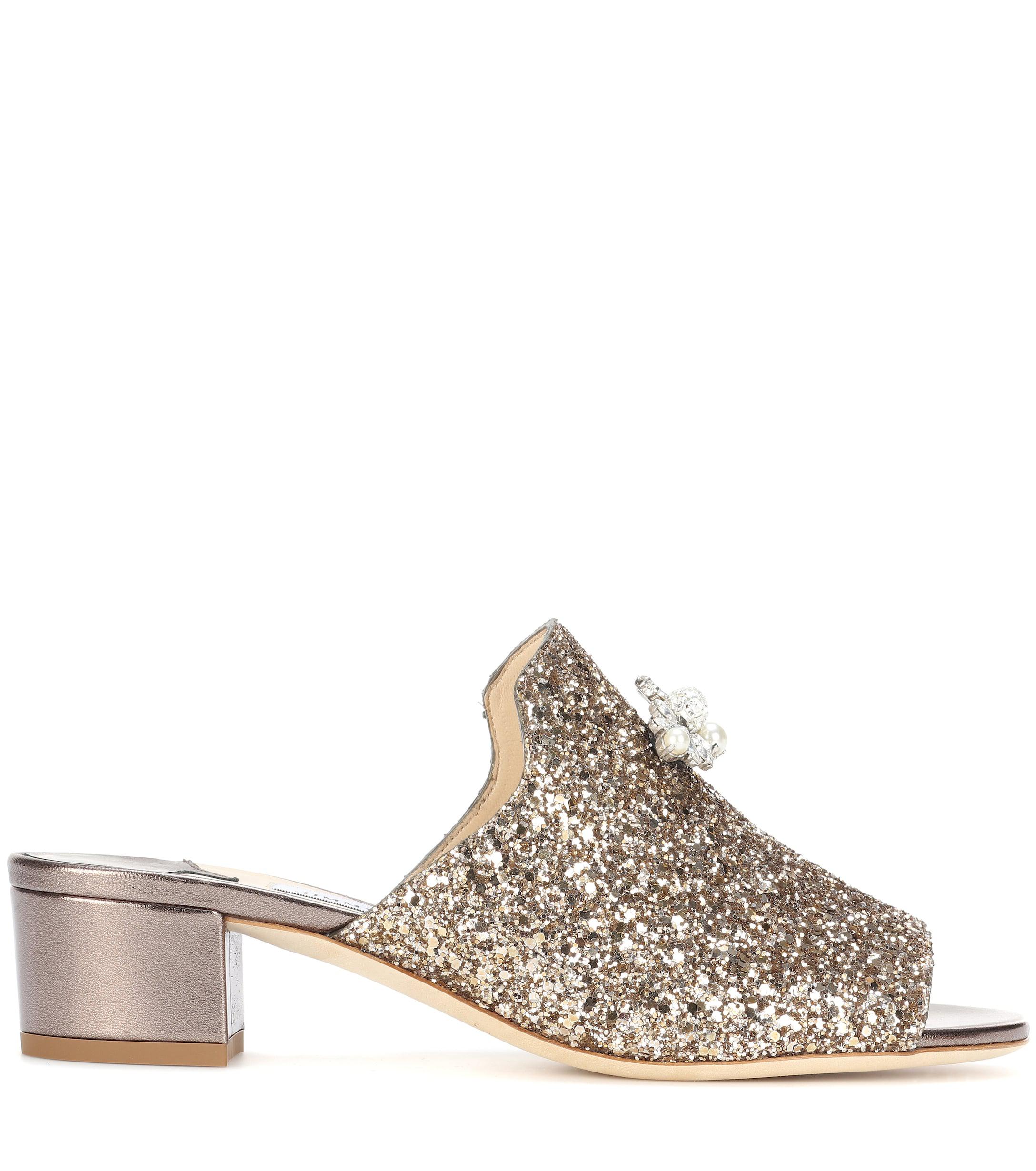Jimmy Choo Myla Embellished Glitter Mules in Antique Gold,Crystal