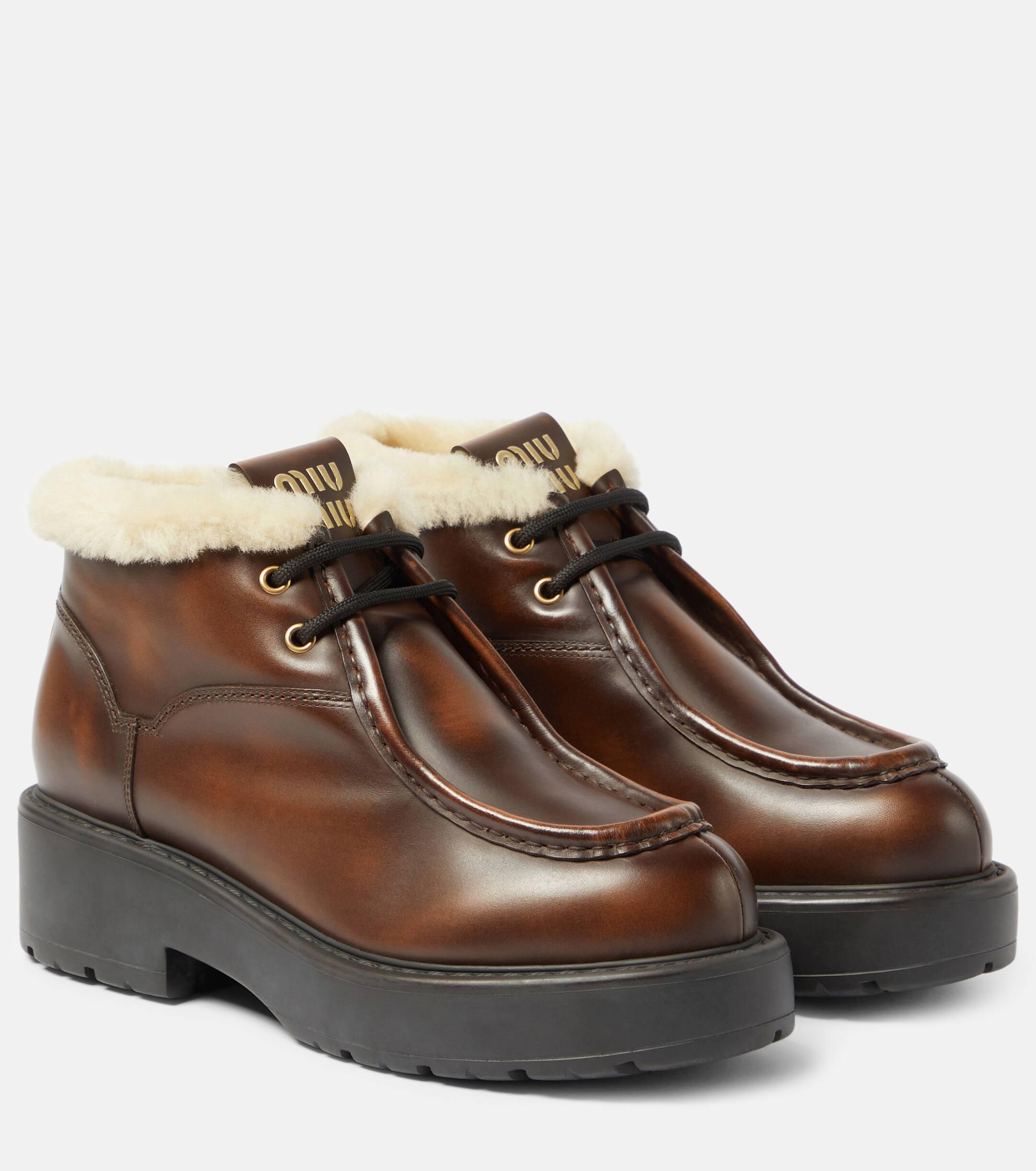 【MiuMiu】Leather boots with shearling Miu Miu Shearling-trimmed Leather Ankle Boots in Brown | Lyst UK