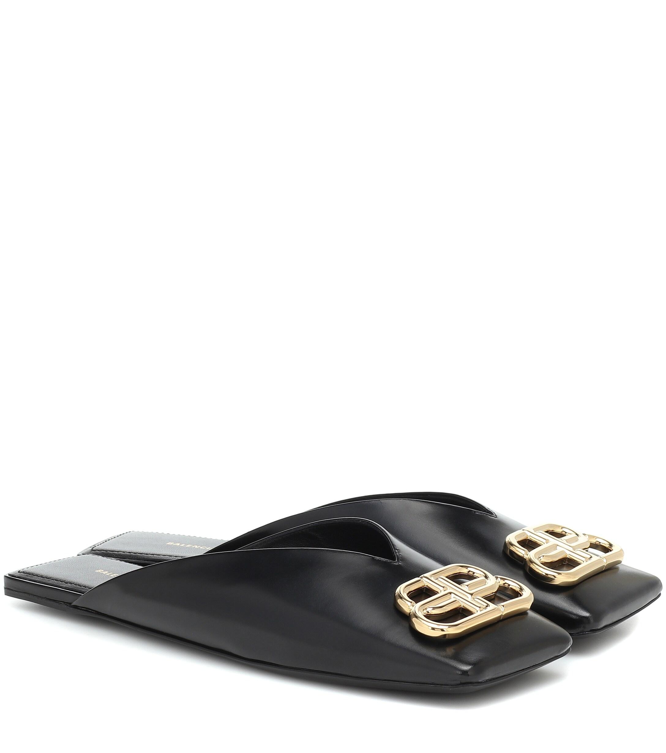 Balenciaga Double Square Bb Leather Slippers in Black | Lyst