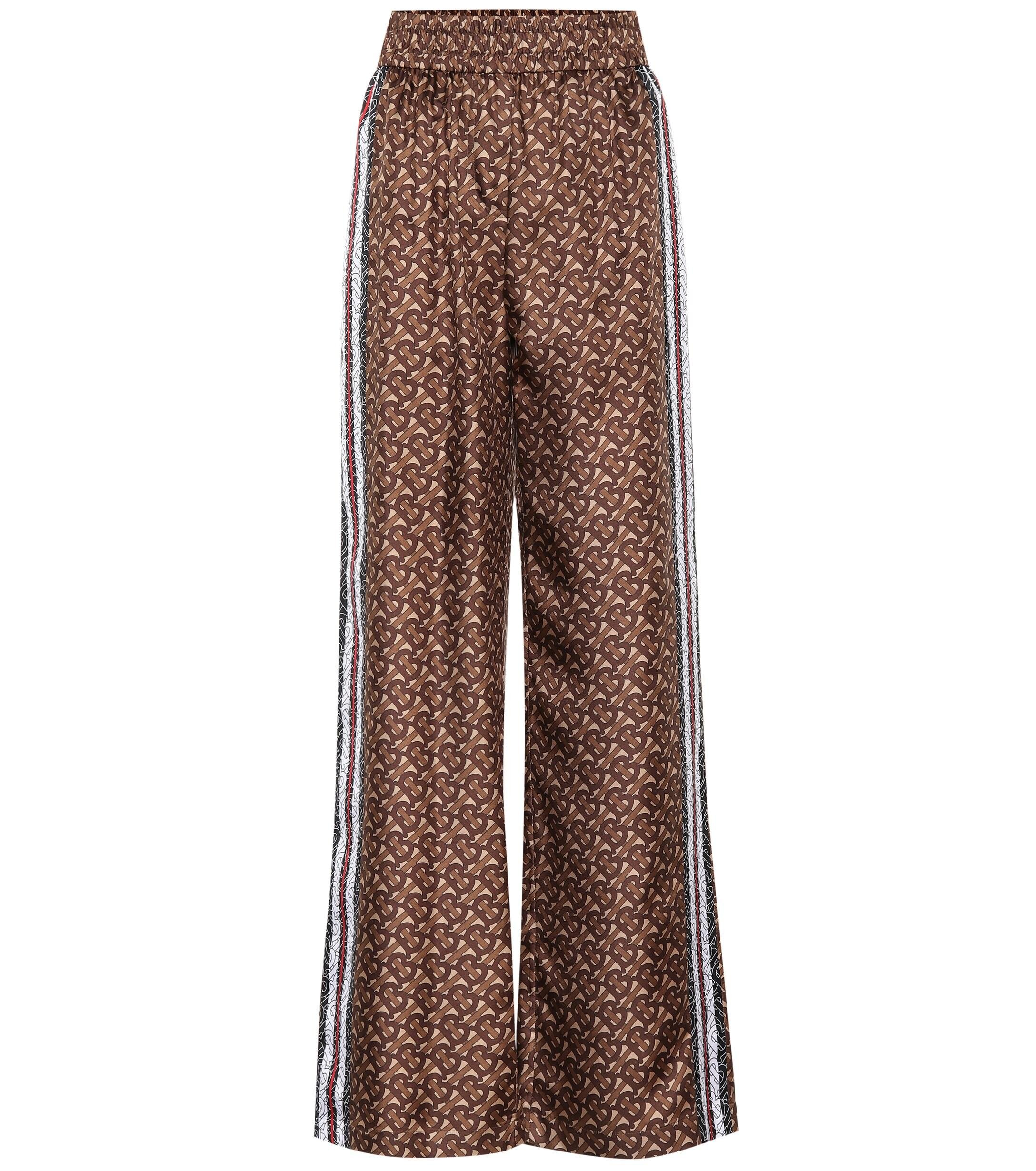 Burberry Monogram Stripe Print Silk Trousers in Brown