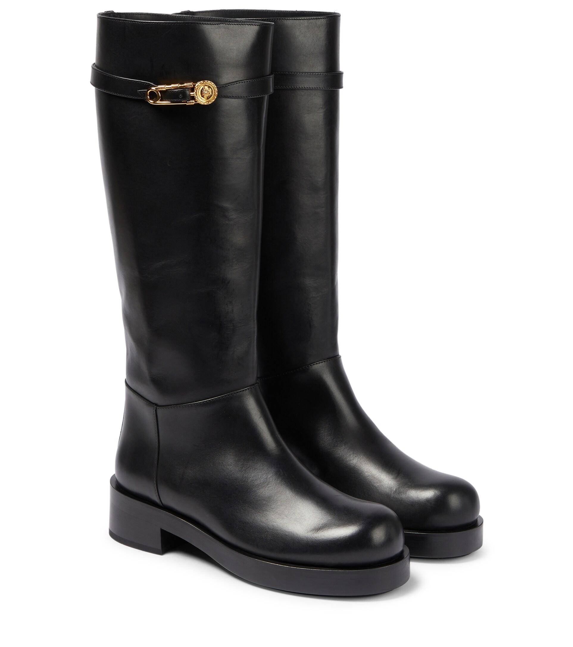 Versace Safety Pin Leather Knee-high Boots in Black | Lyst