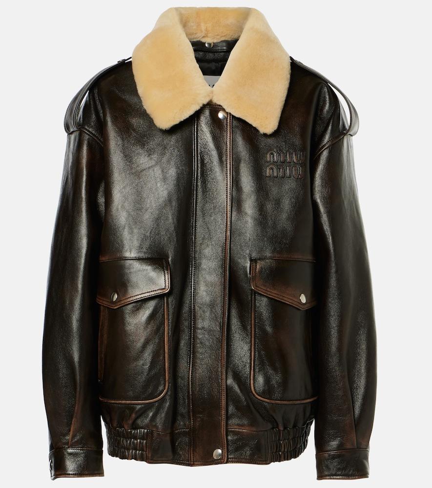 Miu Miu Logo Faux Shearling-Trimmed Leather Jacket in Black | Lyst UK