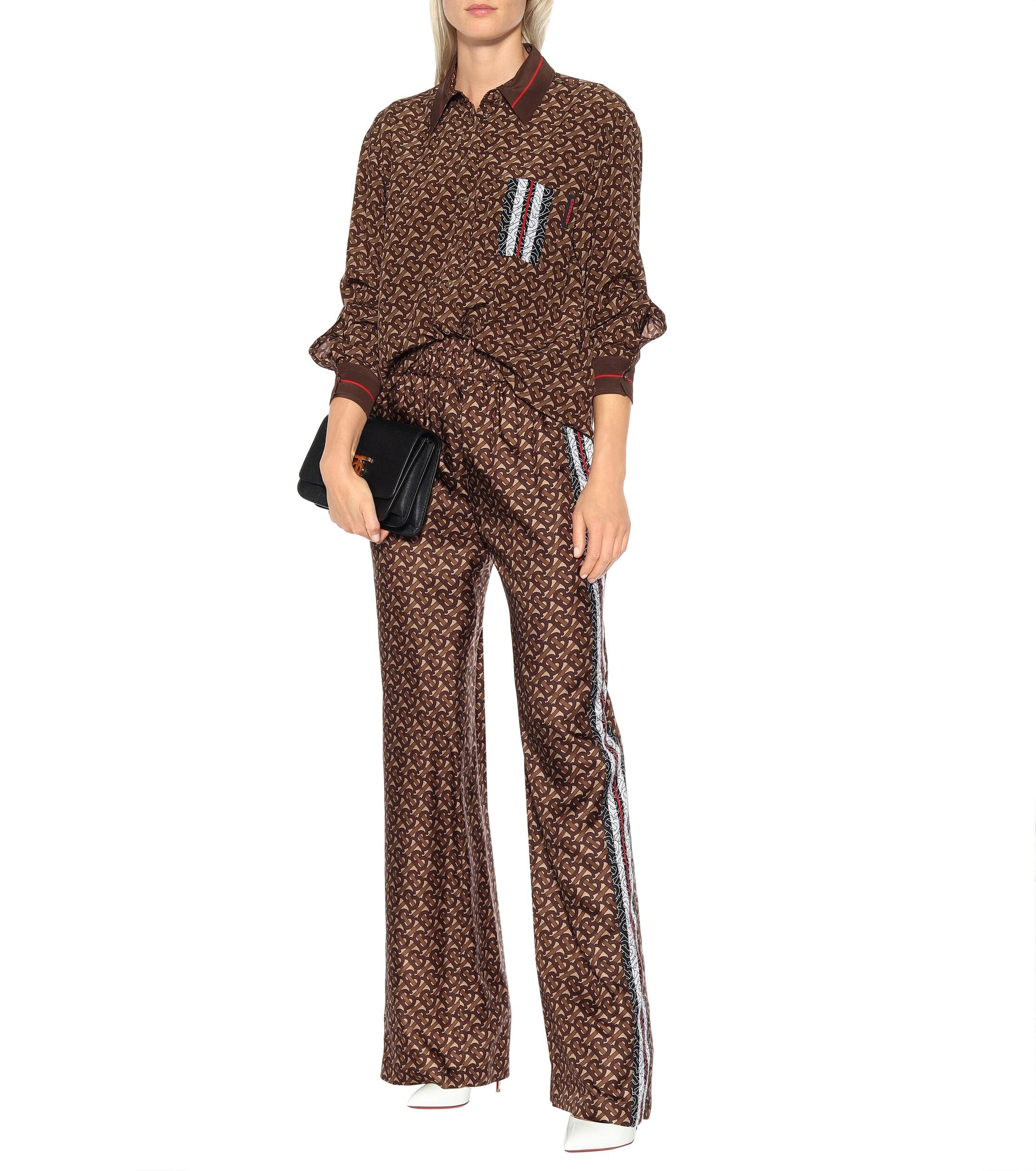 Burberry Monogram Stripe Print Silk Trousers in Brown