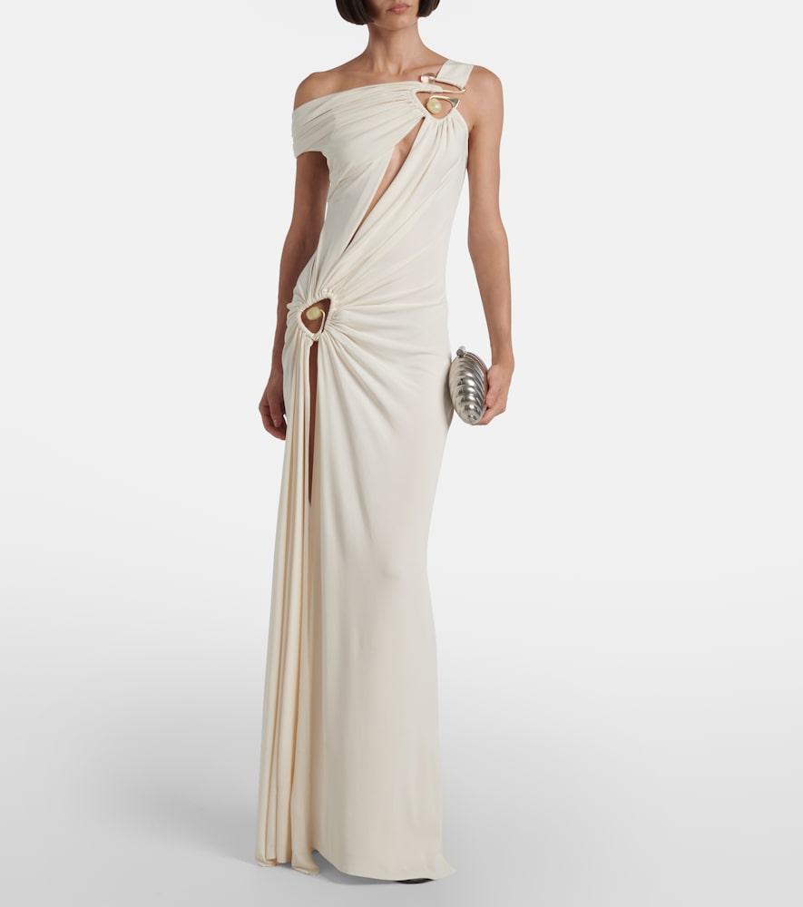 christopher esber gathered draped jersey maxi dress CHRISTOPHER ESBER Fusion Gathered Stretch-Jersey And Stretch-Crepe Turtleneck Maxi Dress