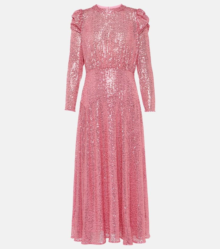 rixo pink sequin dress RIXO London Cerise Sequined Midi Dress in Pink