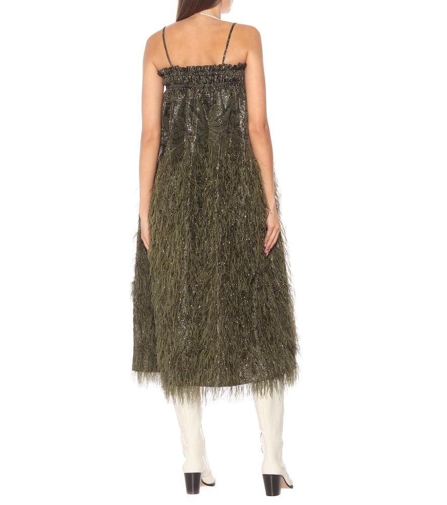 green emerald velvet dress Ganni Metallic Cloque Long Dress  Quattro Tizi
