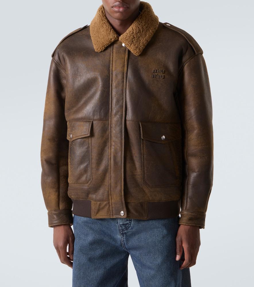 Miu Miu Shearling-Lined Leather Blouson Jacket in Brown for Men | Lyst