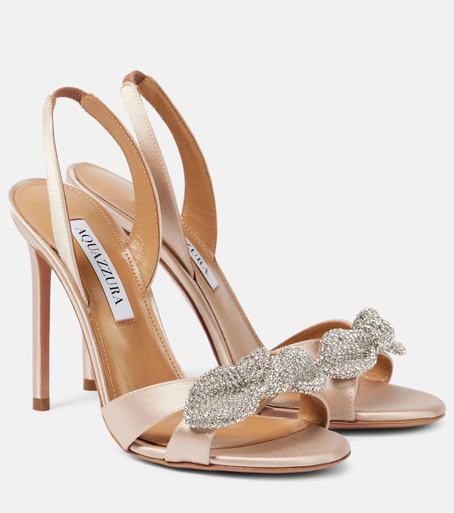 Aquazzura Very Bow Tie Embellished Satin Sandals in Metallic