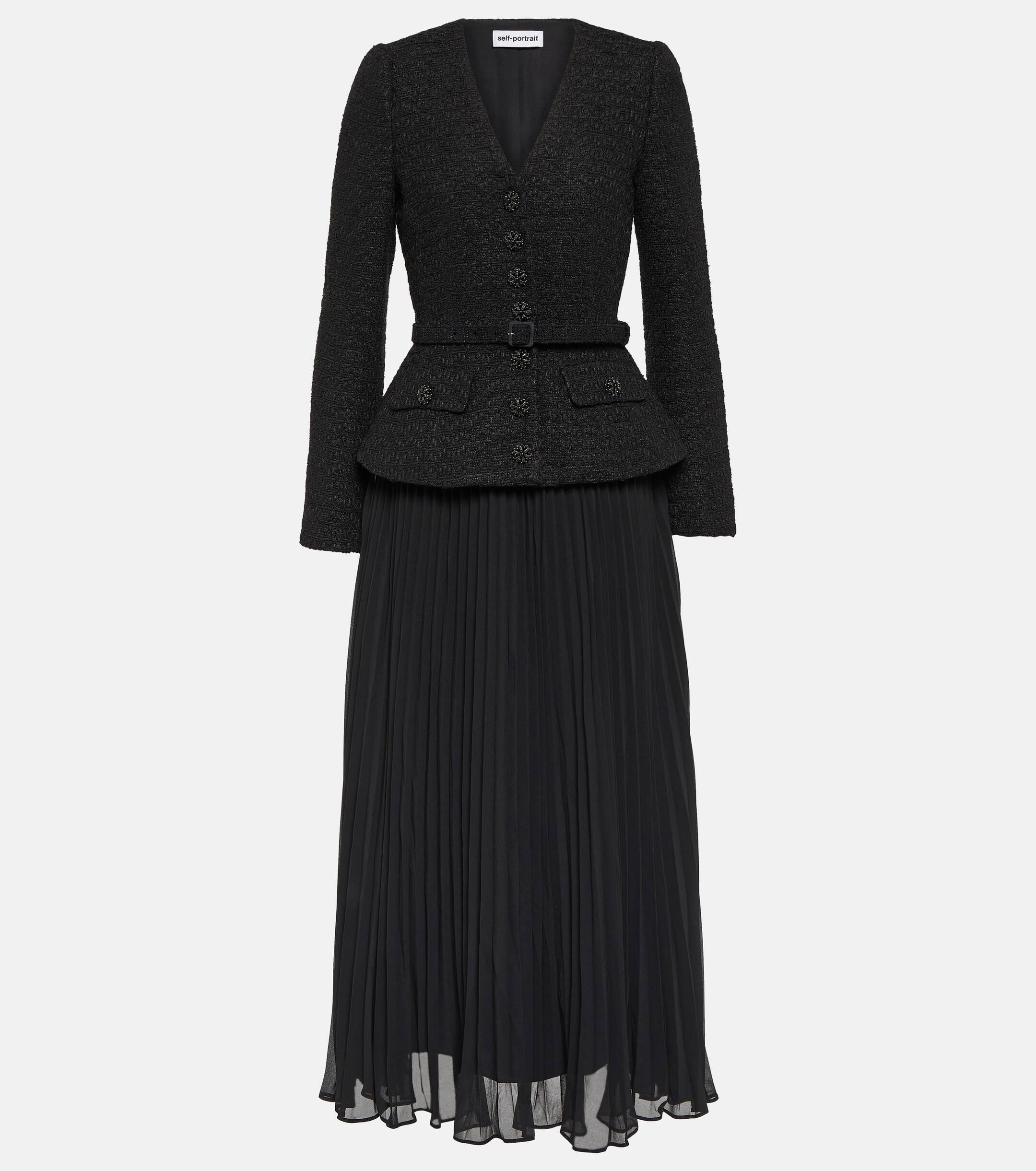 self portrait jacket pleated midi dress Self-Portrait Women's Tinsel Boucl Chiffon Midi-Dress - Black