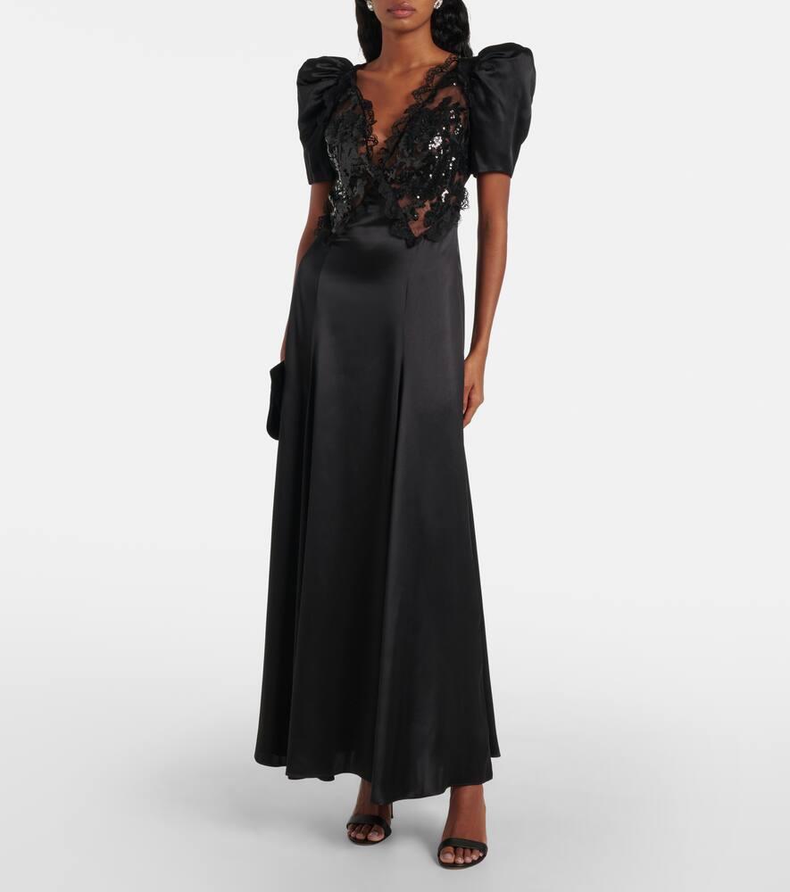 Rodarte Lace-Trimmed Silk-Blend Charmeuse Maxi Dress in Black | Lyst
