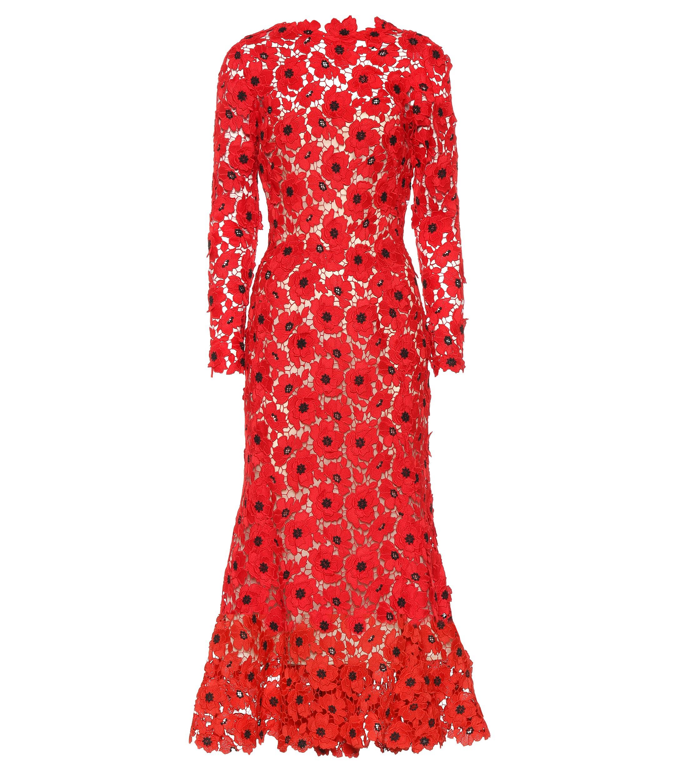 Oscar de la Renta Floral Guipure Lace Dress in Red | Lyst
