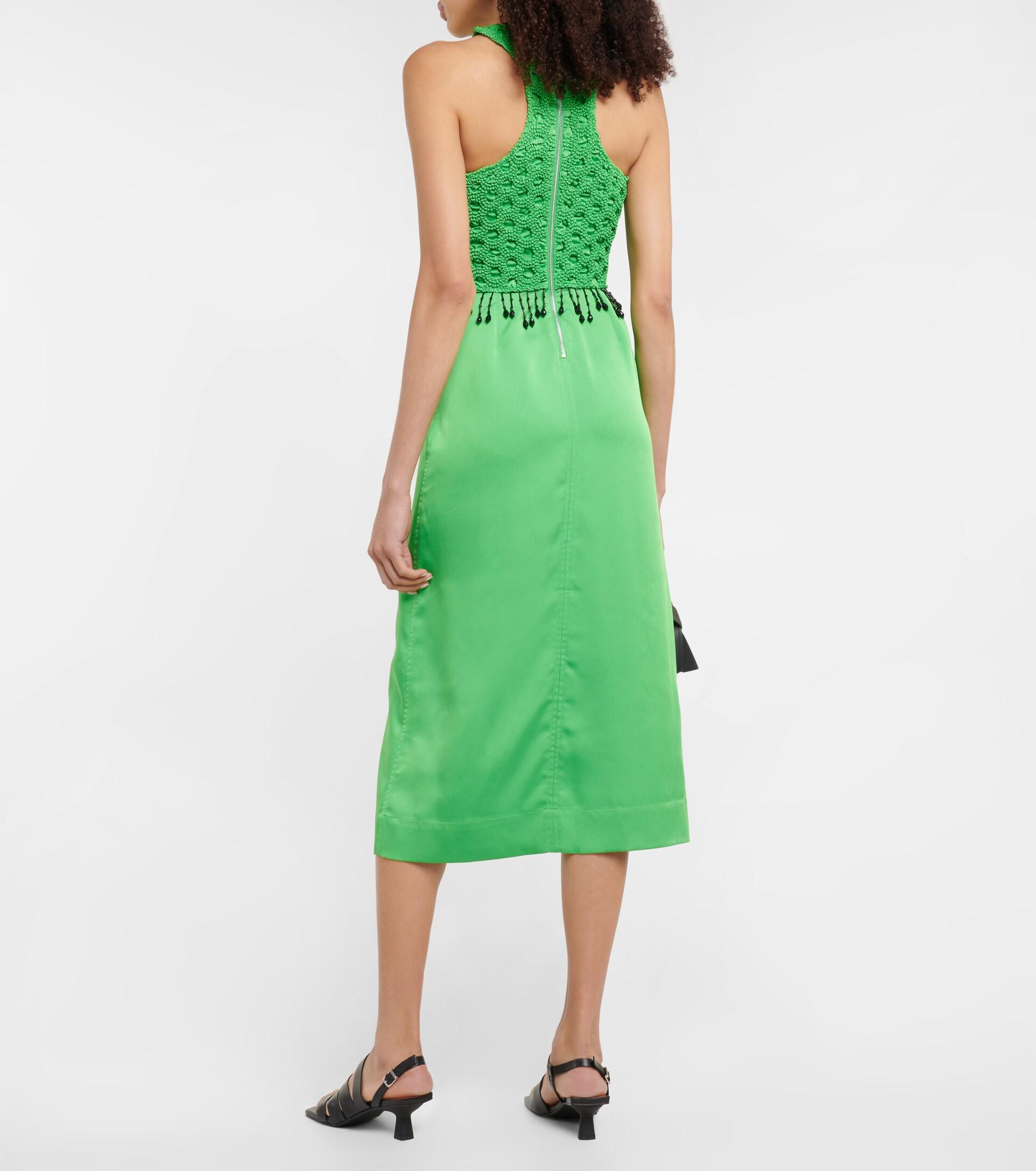 Ganni Smocked Satin Maxi Dress in Green | Lyst