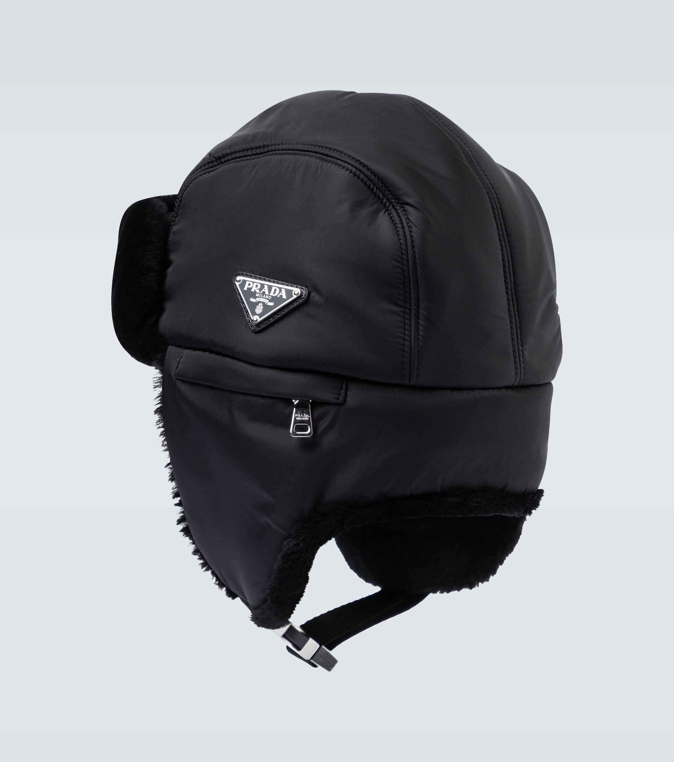 Prada Nylon Aviator Hat With Shearling in Black for Men | Lyst UK