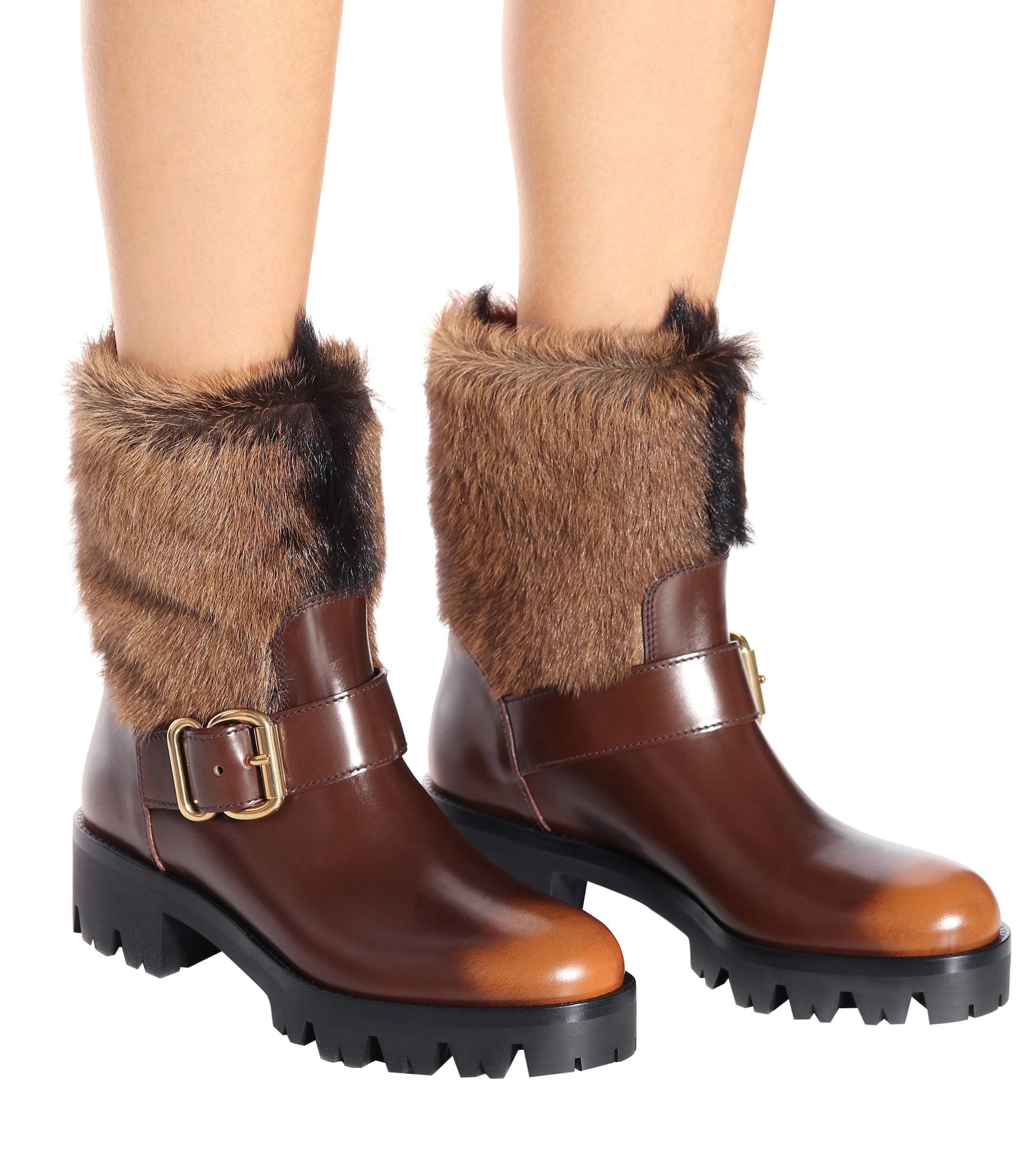 Prada Furtrimmed Leather Boots in Brown Lyst