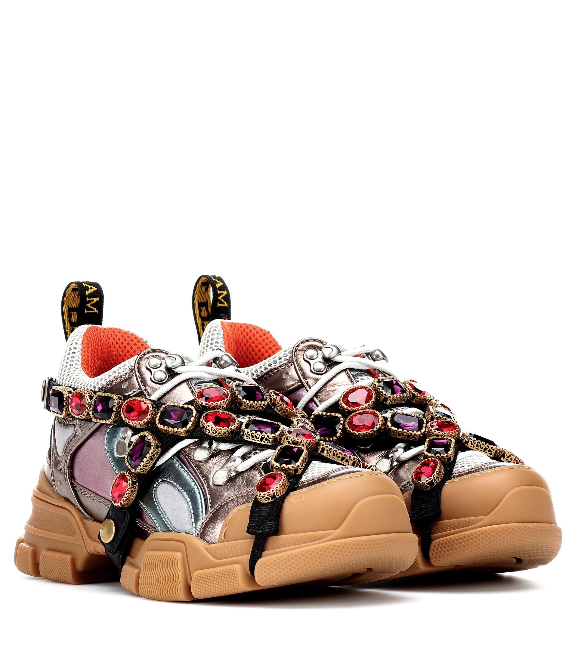 Gucci Leather Flashtrek Embellished Sneakers in Red Lyst