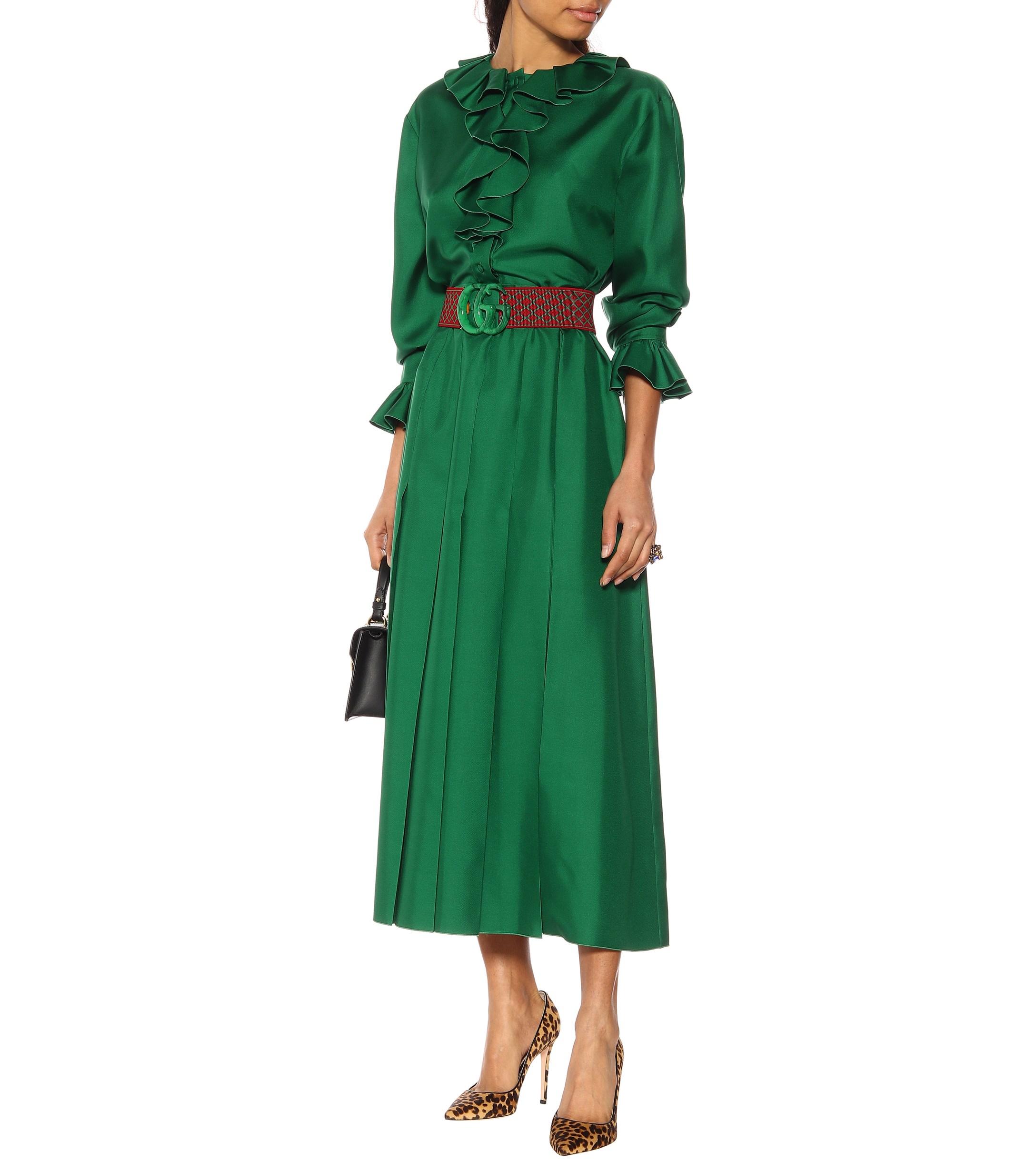 Gucci Belted Silk Dress in Green | Lyst
