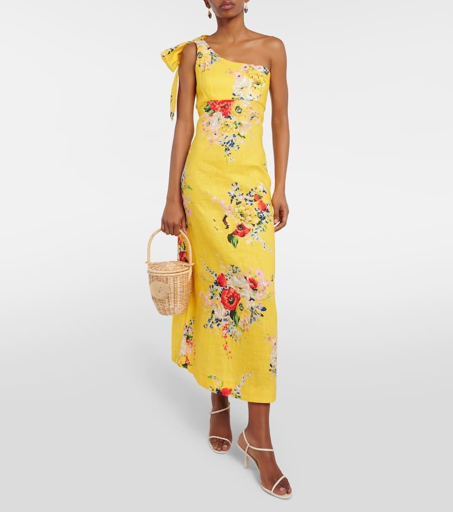 Zimmermann One-Shoulder Floral Linen Midi Dress in Yellow | Lyst