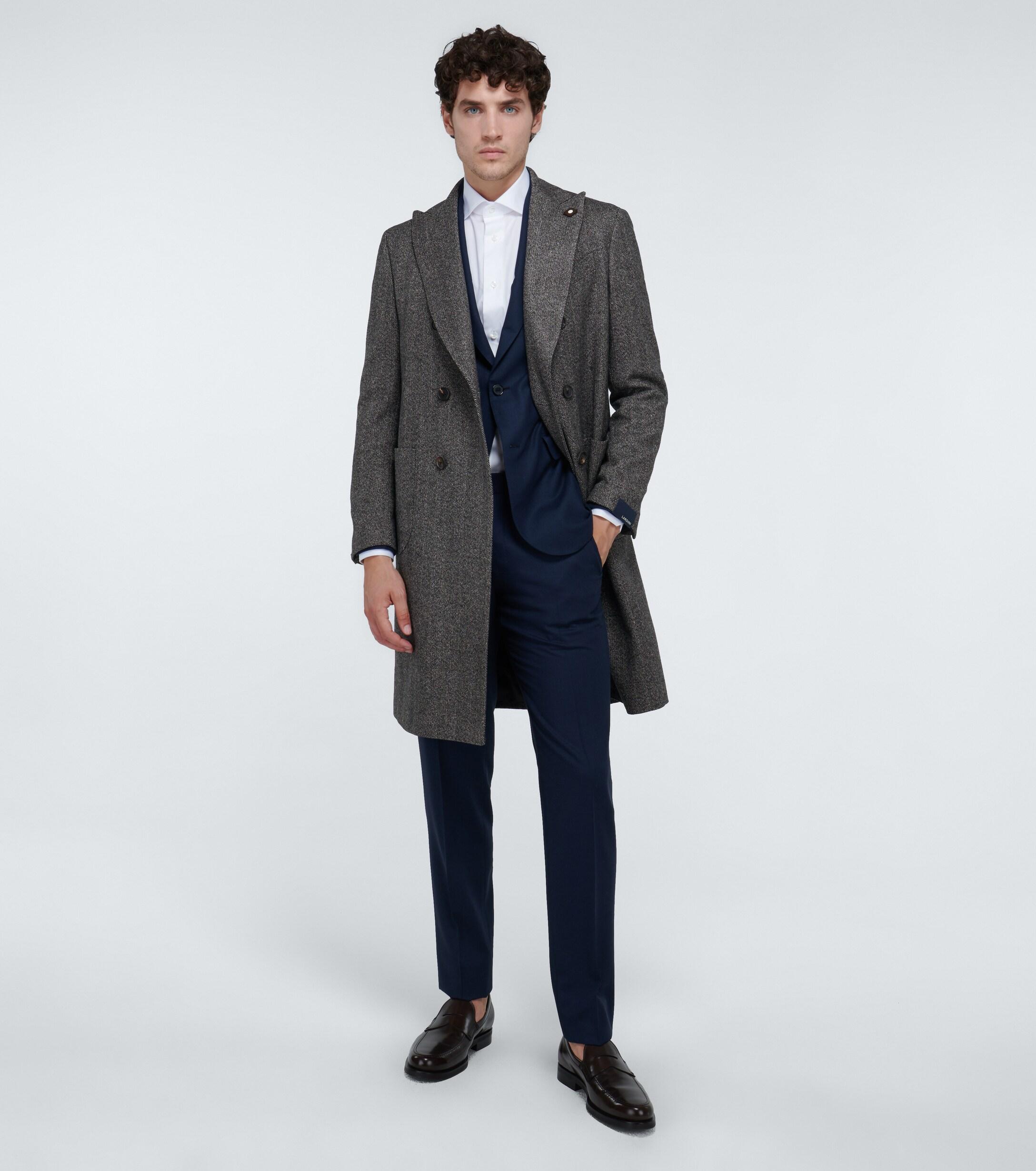 Lardini Wool Double-breasted Herringbone Coat in Grey (Gray) for Men - Lyst