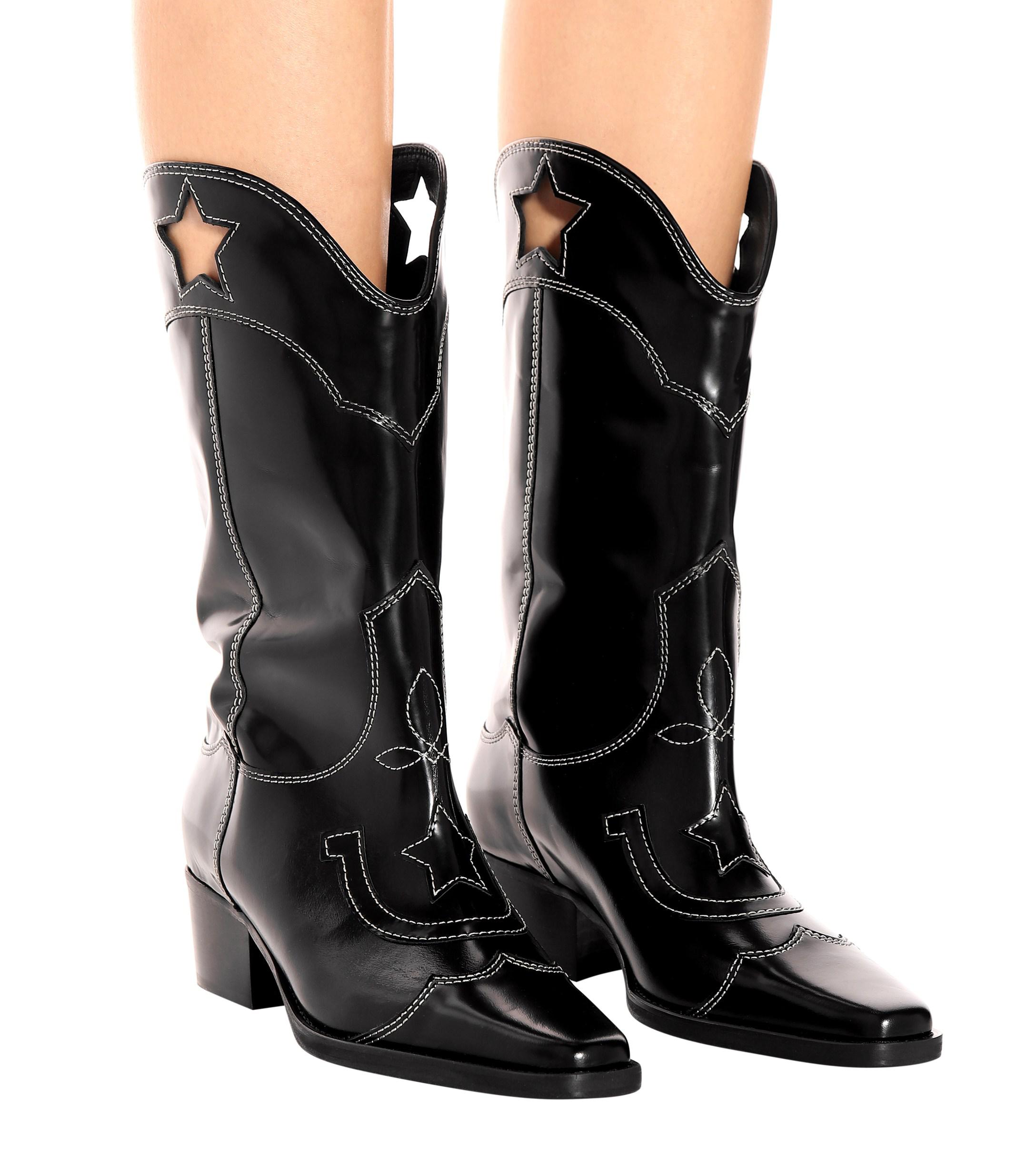 Ganni High Texas Leather Cowboy Boots in Black | Lyst