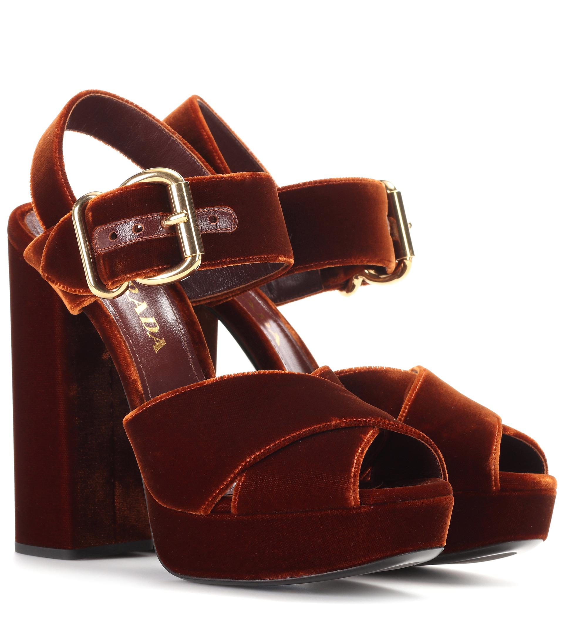Prada Velvet Platform Sandals in Brown | Lyst