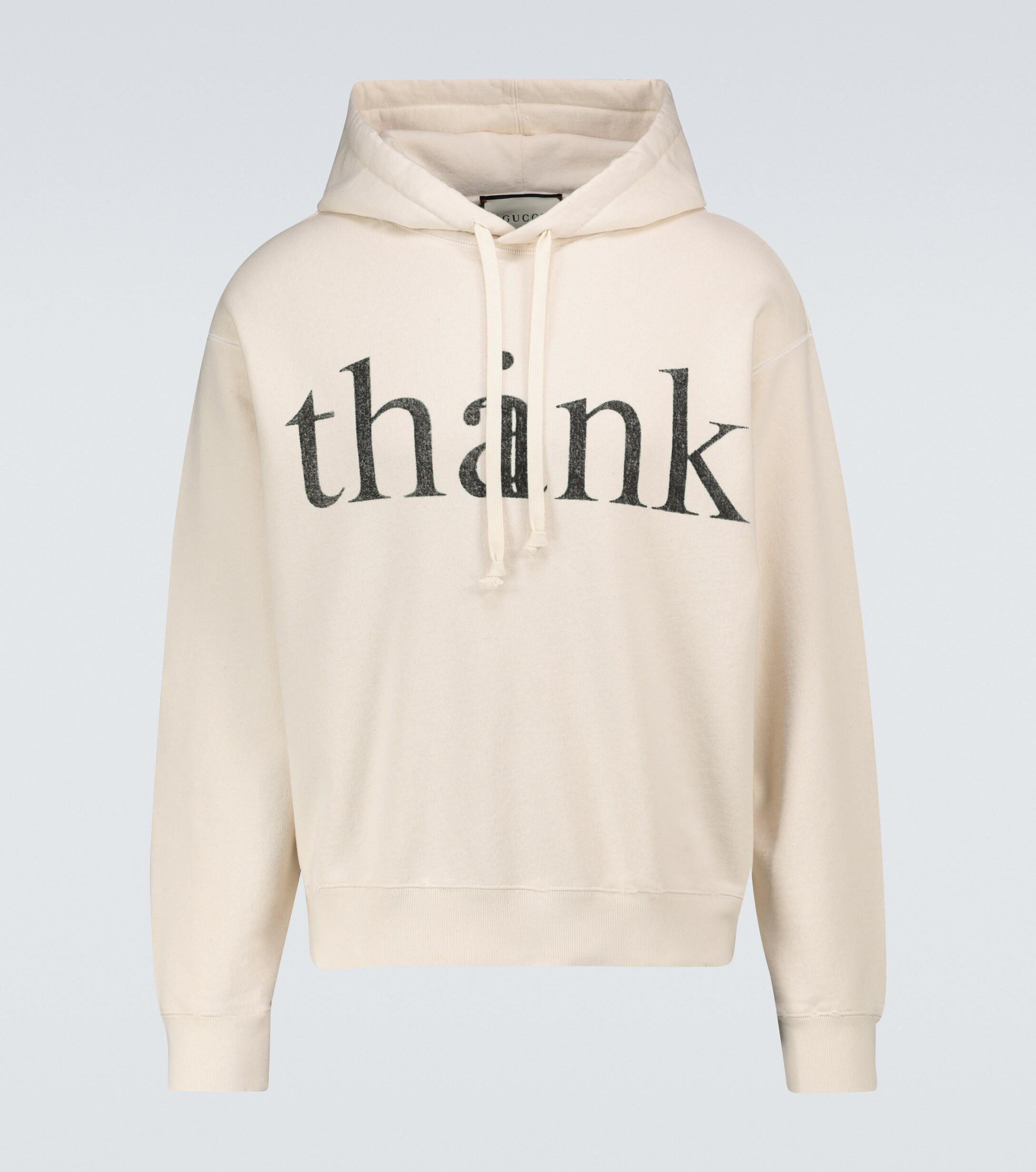 Gucci Think/thank Print Drawstring Hoodie in Natural for Men | Lyst