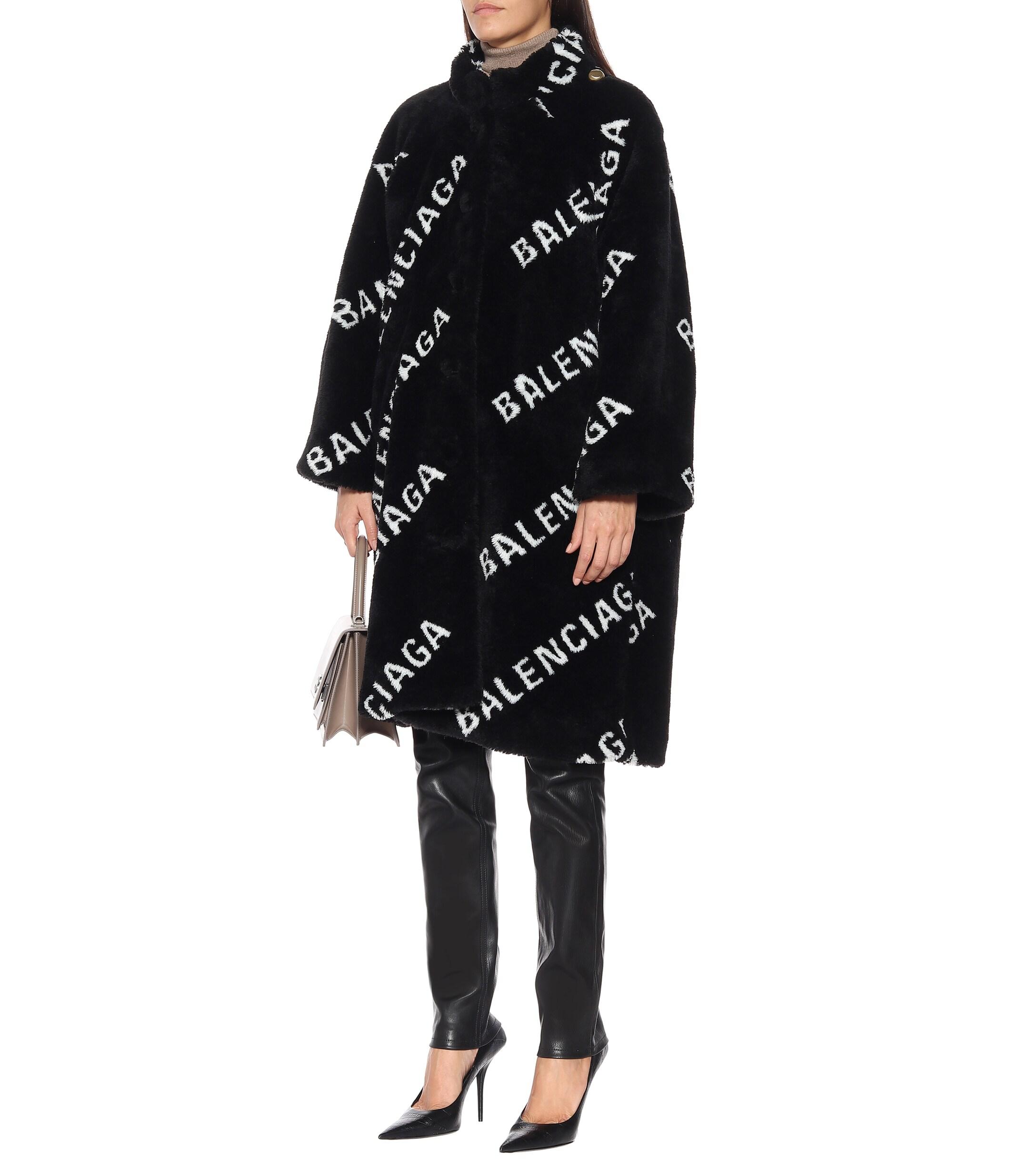 Balenciaga Logo Faux Fur Coat in Black | Lyst