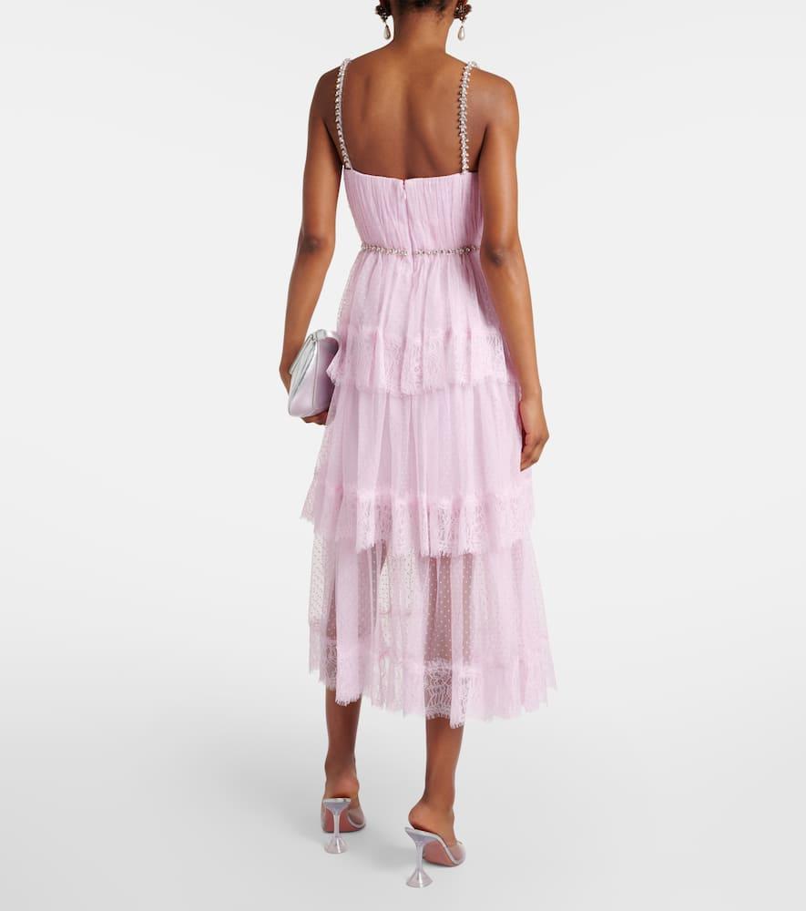 Self-Portrait Embellished Lace-Trimmed Mesh Midi Dress in