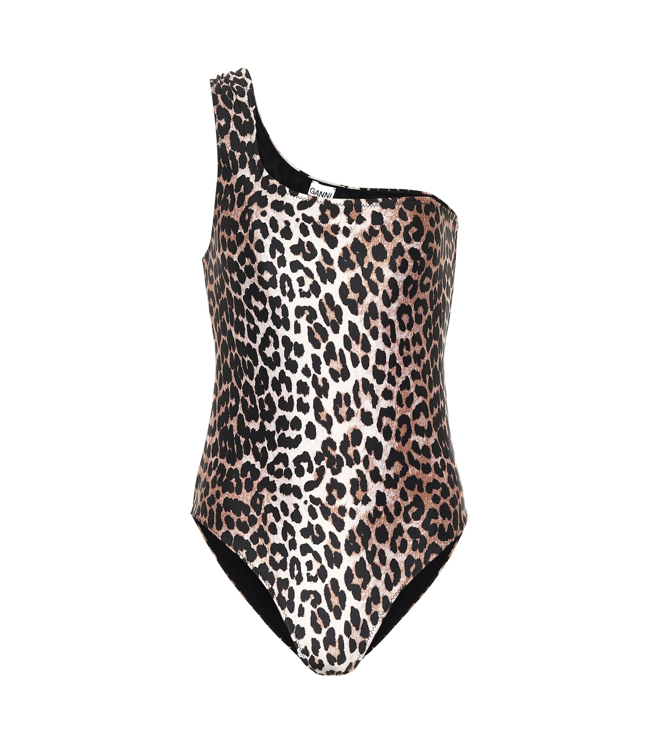 Ganni Leopard-print One-shoulder Swimsuit in Brown - Lyst