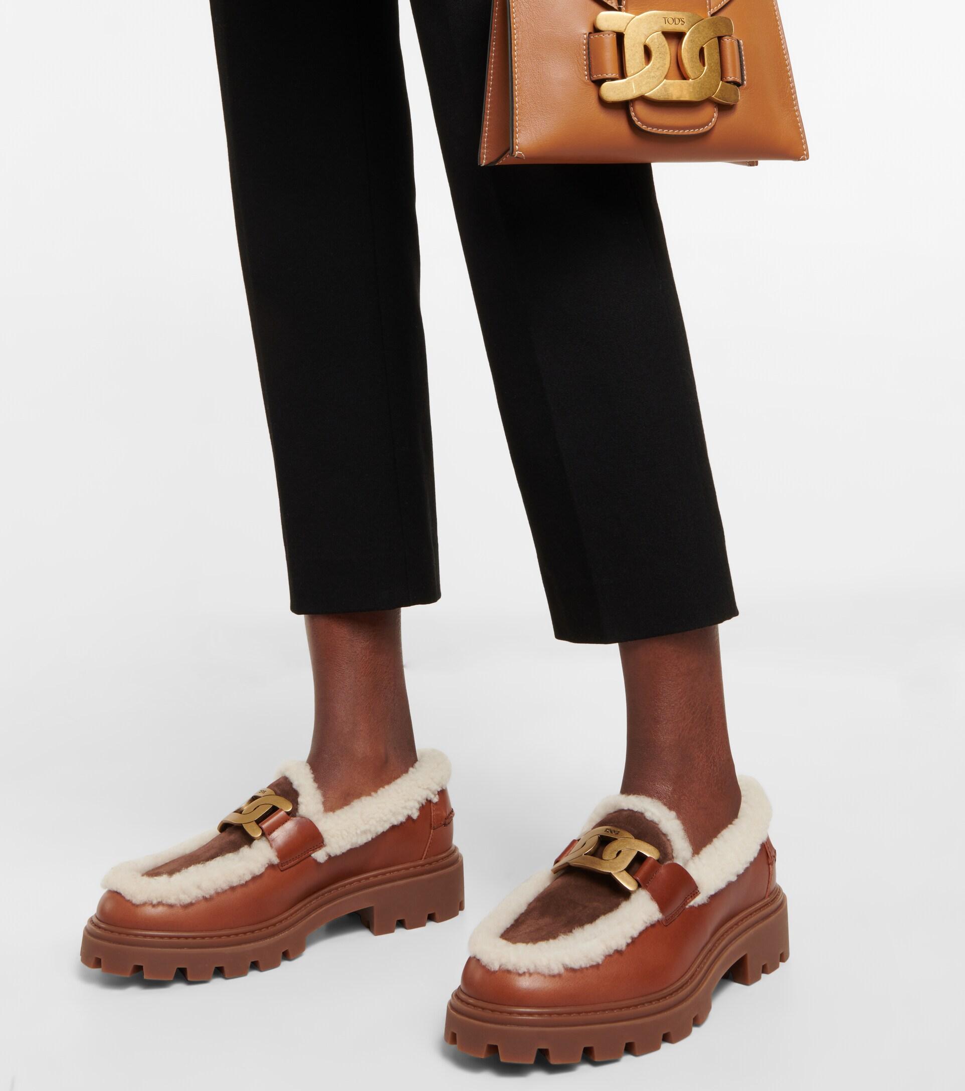 balance bande omfatte Tod's Kate Leather And Shearling Loafers in Brown | Lyst