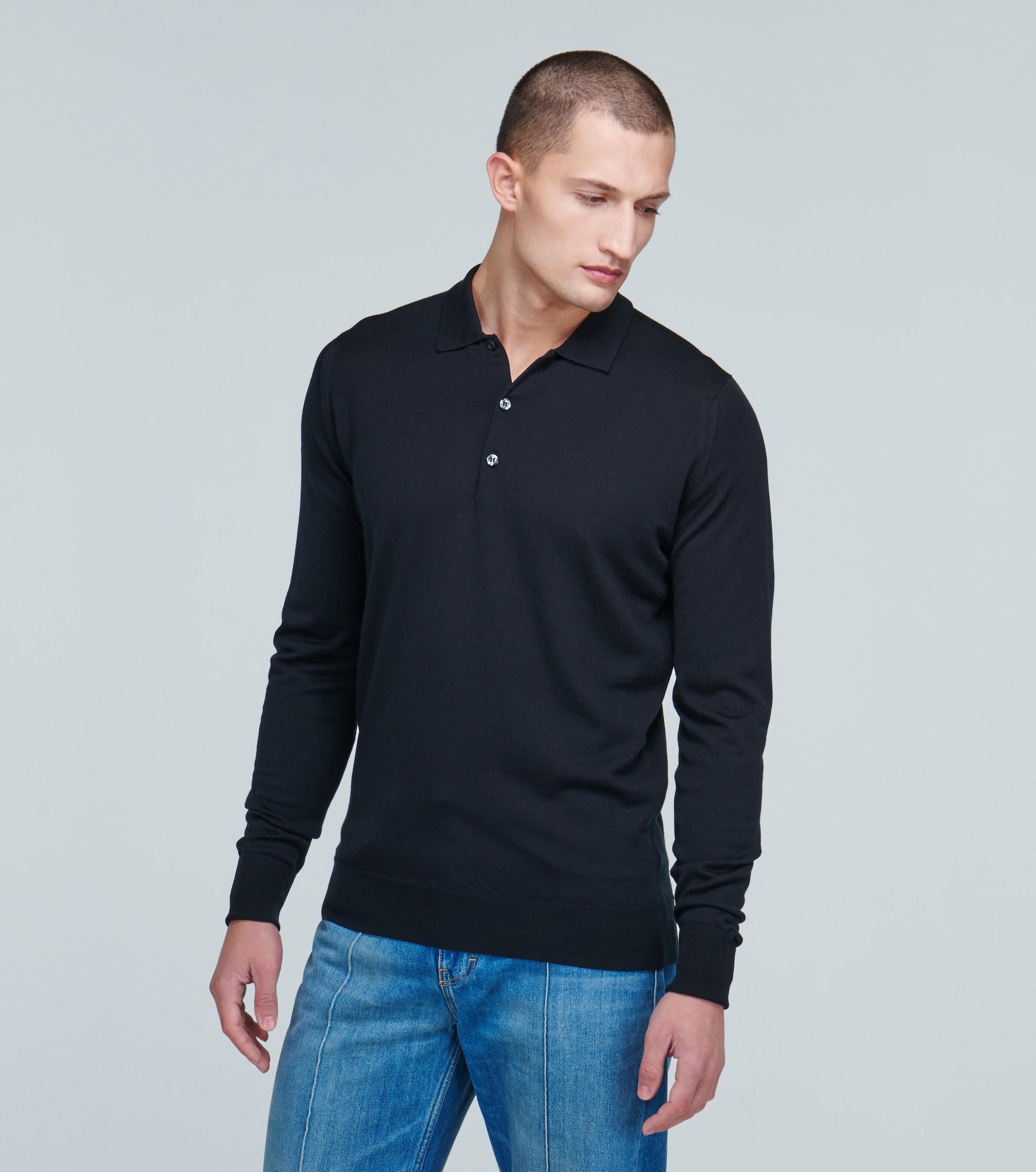 John Smedley Wool Long-sleeved Polo Shirt in Black for Men - Lyst