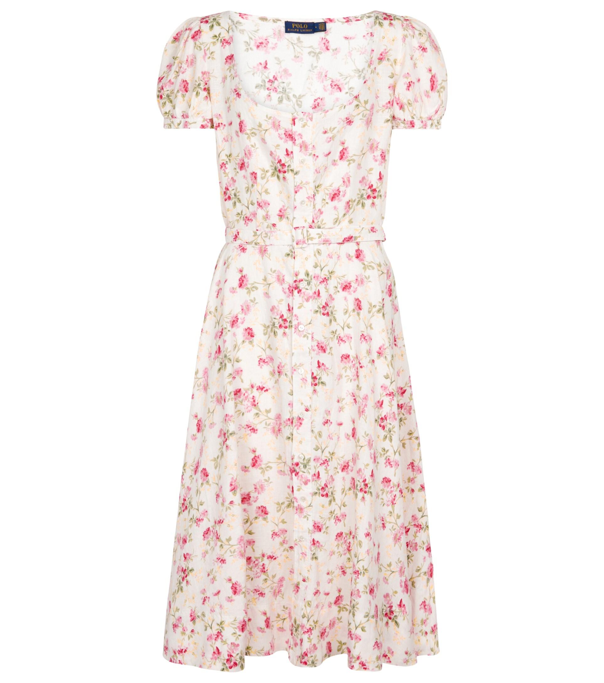 Polo Ralph Lauren Floral Linen Midi Dress in Pink | Lyst