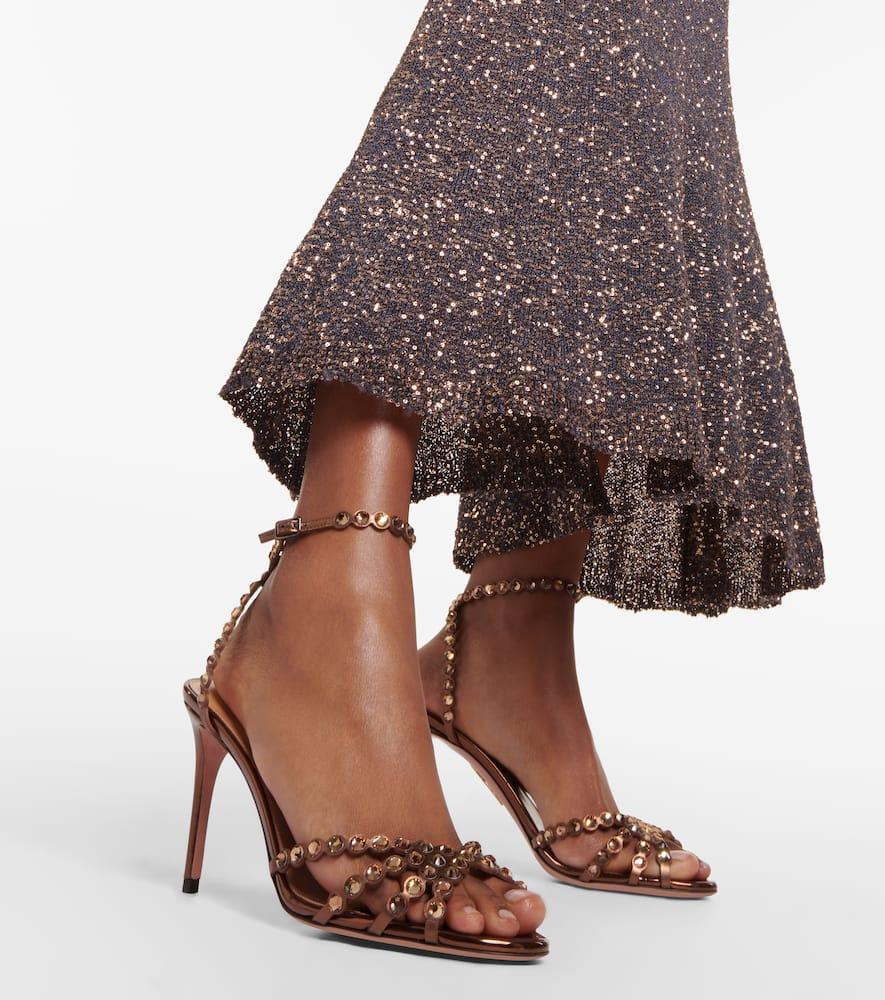 【AQUAZZURRA】BROWN LEATHER SANDALS Aquazzura Tequila 85 Embellished Leather Sandals in Brown | Lyst