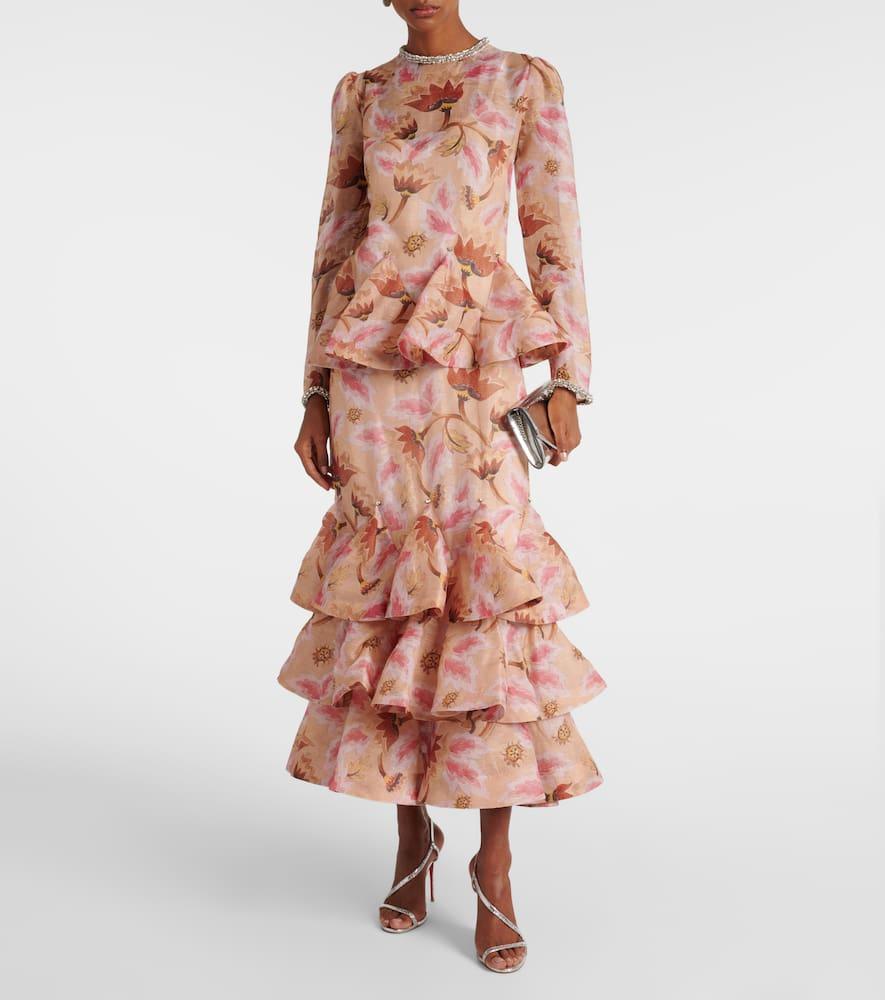【Zimmermann】Tiered linen and silk maxi dress Zimmermann Tiered Linen And Silk Maxi Dress in Pink | Lyst
