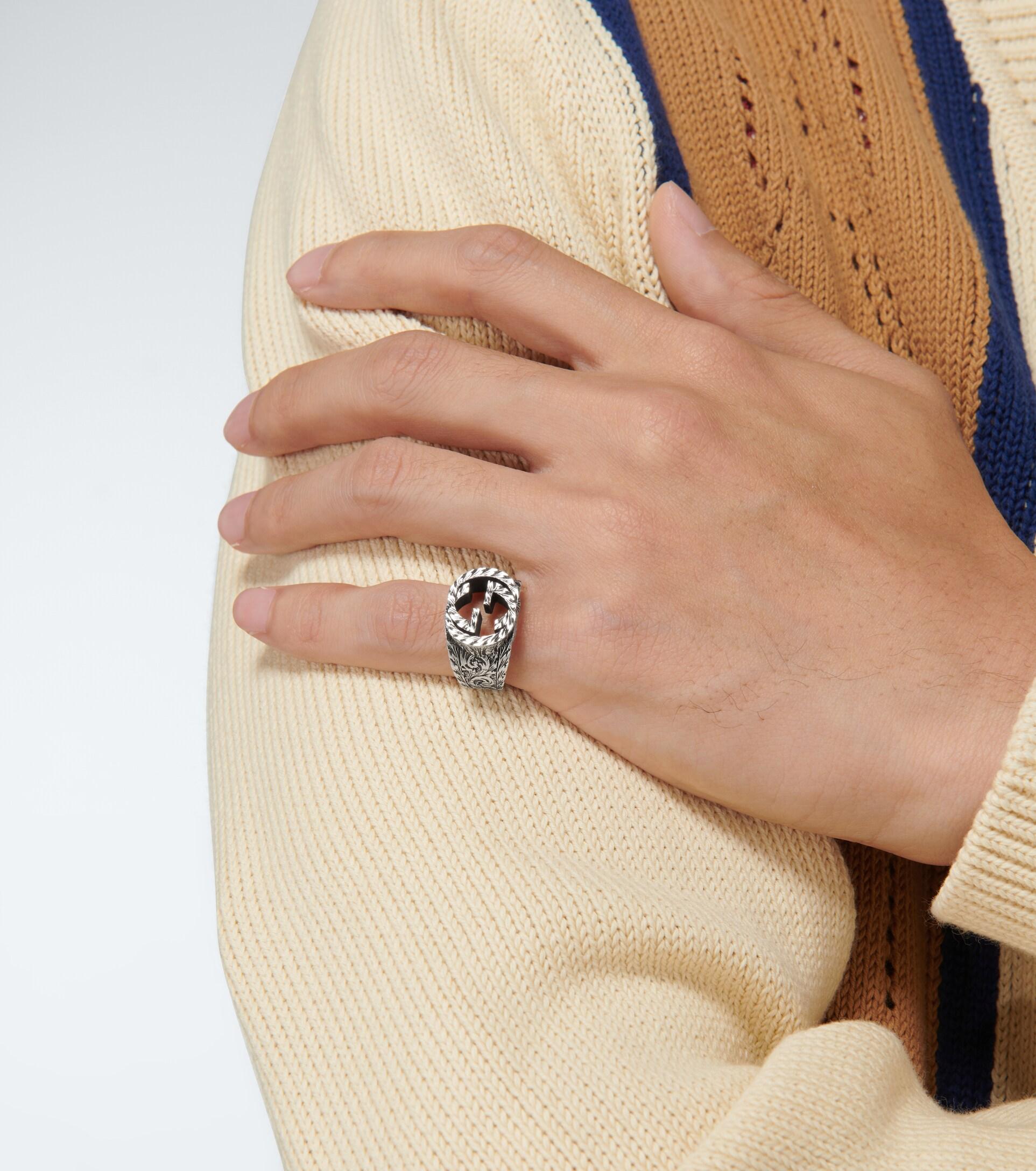Gucci Interlocking G Silver Ring in White for Men | Lyst