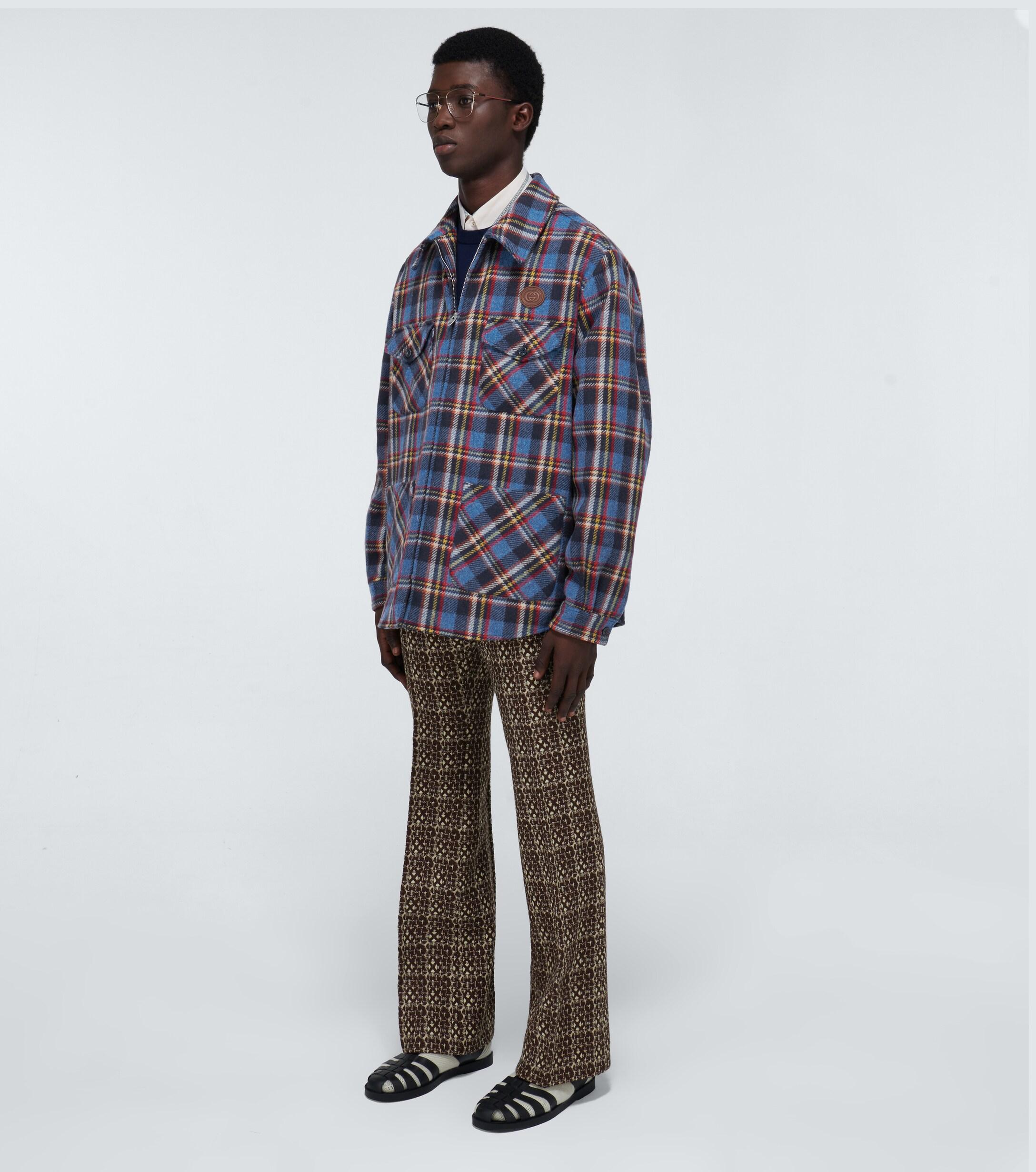 Gucci Wool Checked Overshirt With Tiger Patch in Blue for Men - Lyst