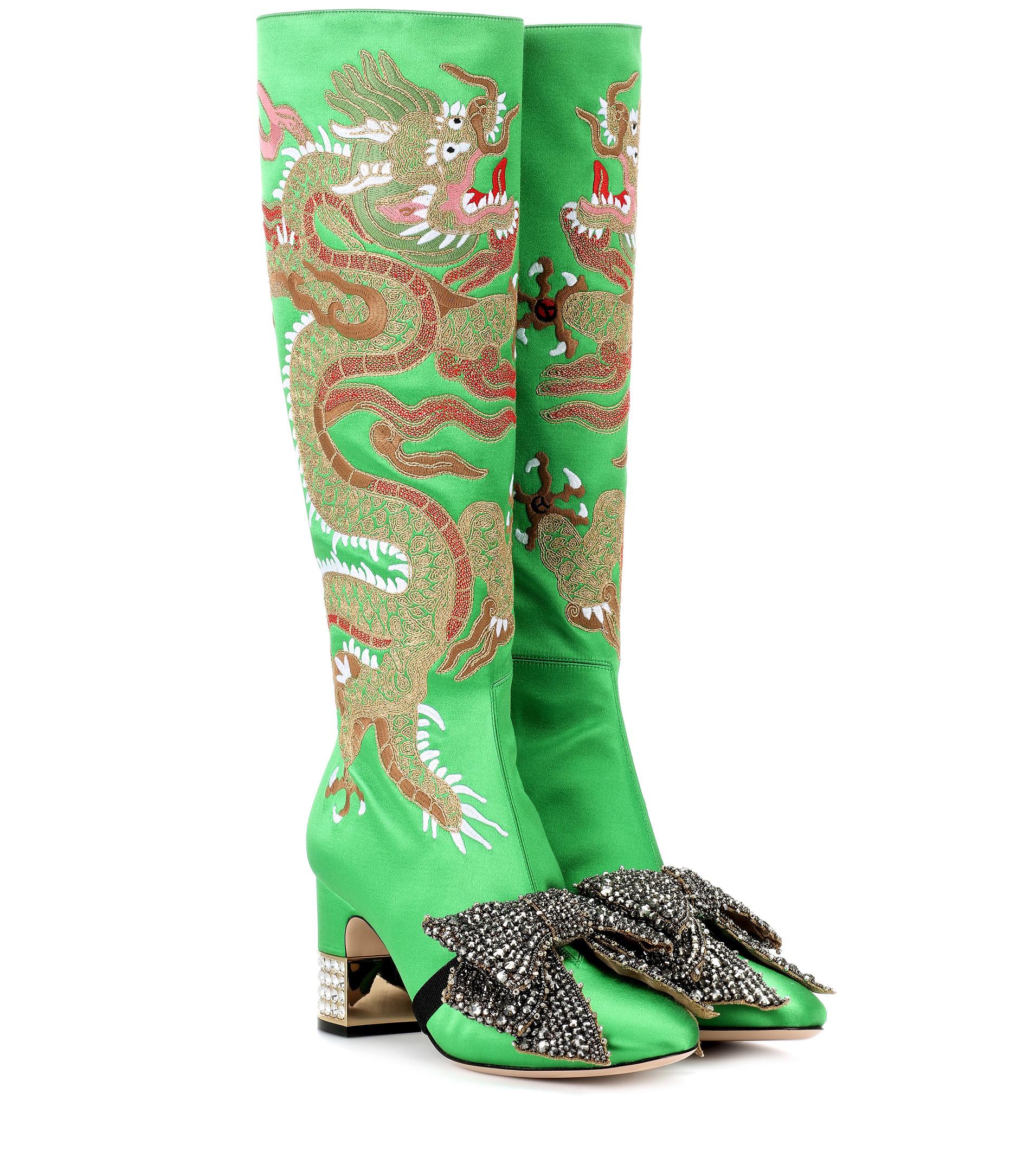 Gucci Dragon Embellished Satin Boots in Green Lyst
